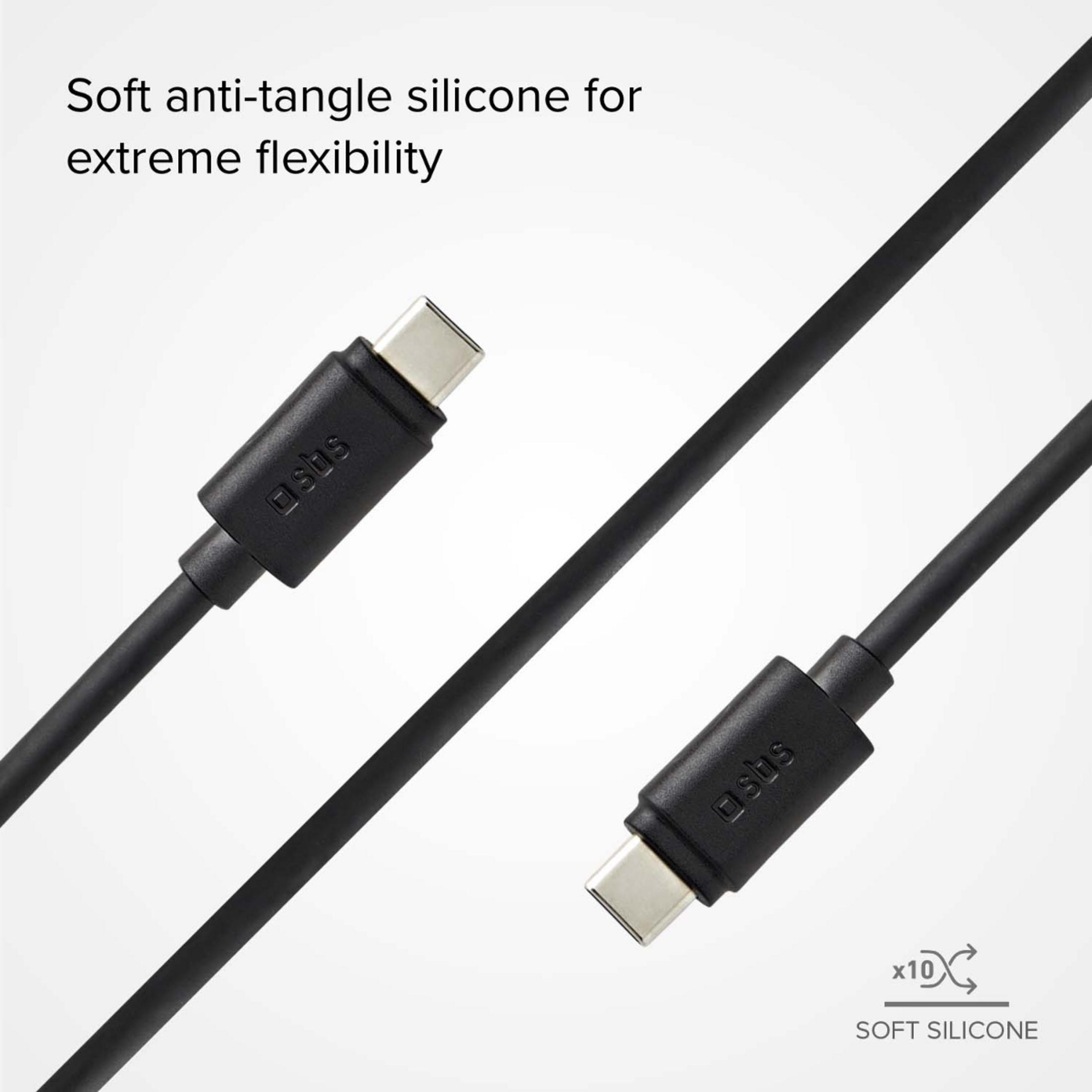 Black USB-C cable with two connectors, running across a white background.