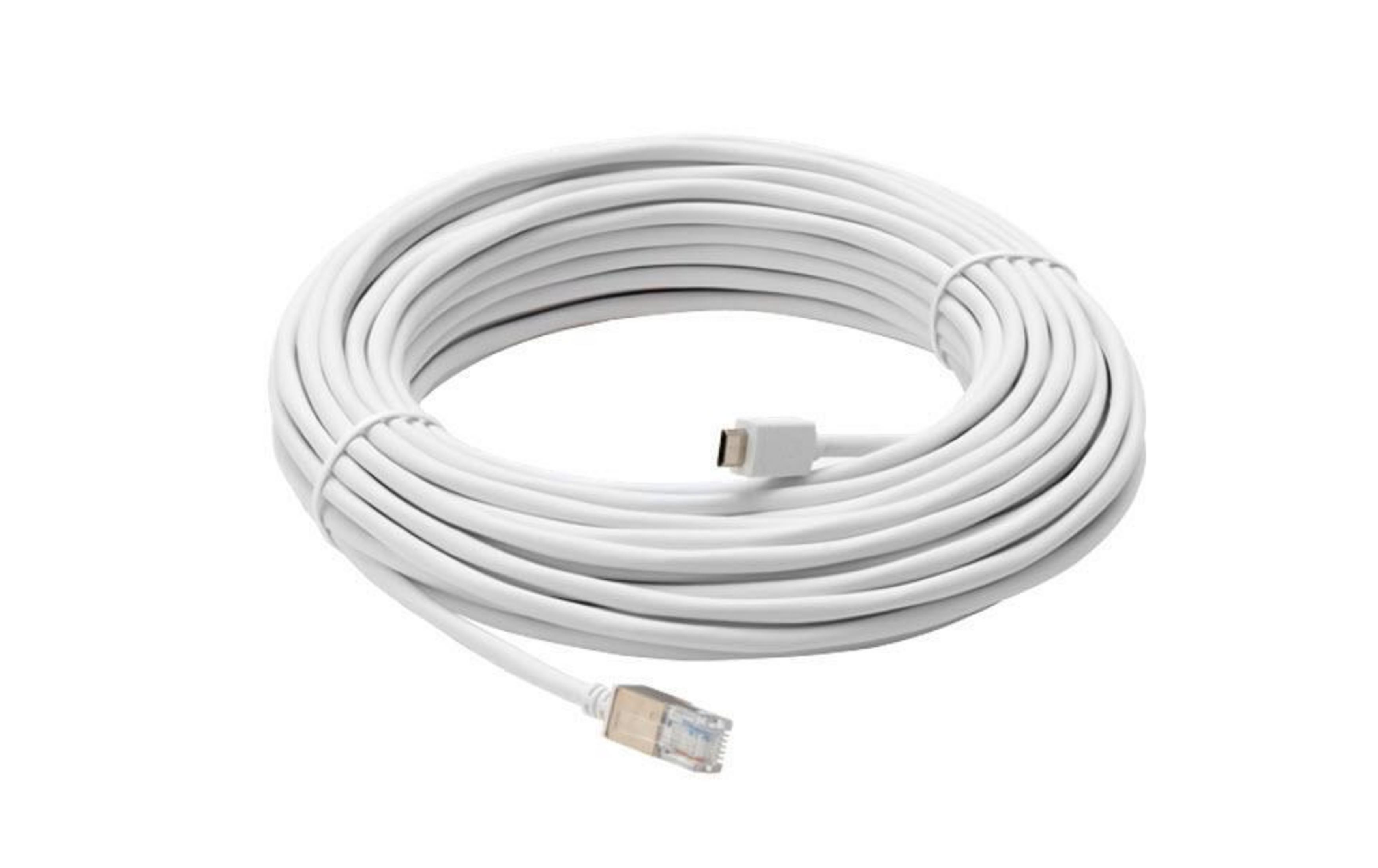 Un cavo bianco arrotolato, con un connettore a ciascuna estremità.