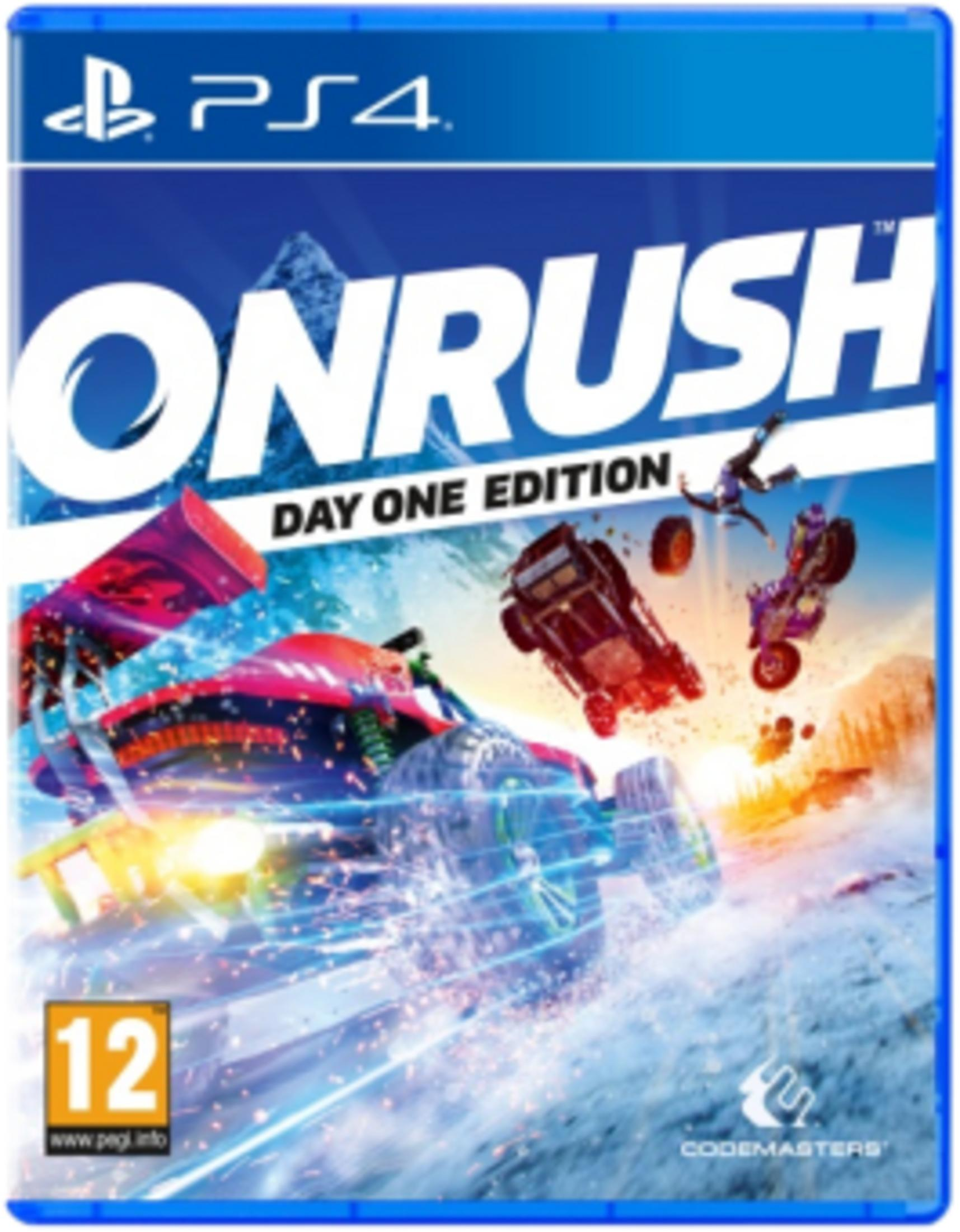Copertina gioco PS4: Auto da corsa saltano in aria, paesaggio innevato, scritta "ONRUSH".