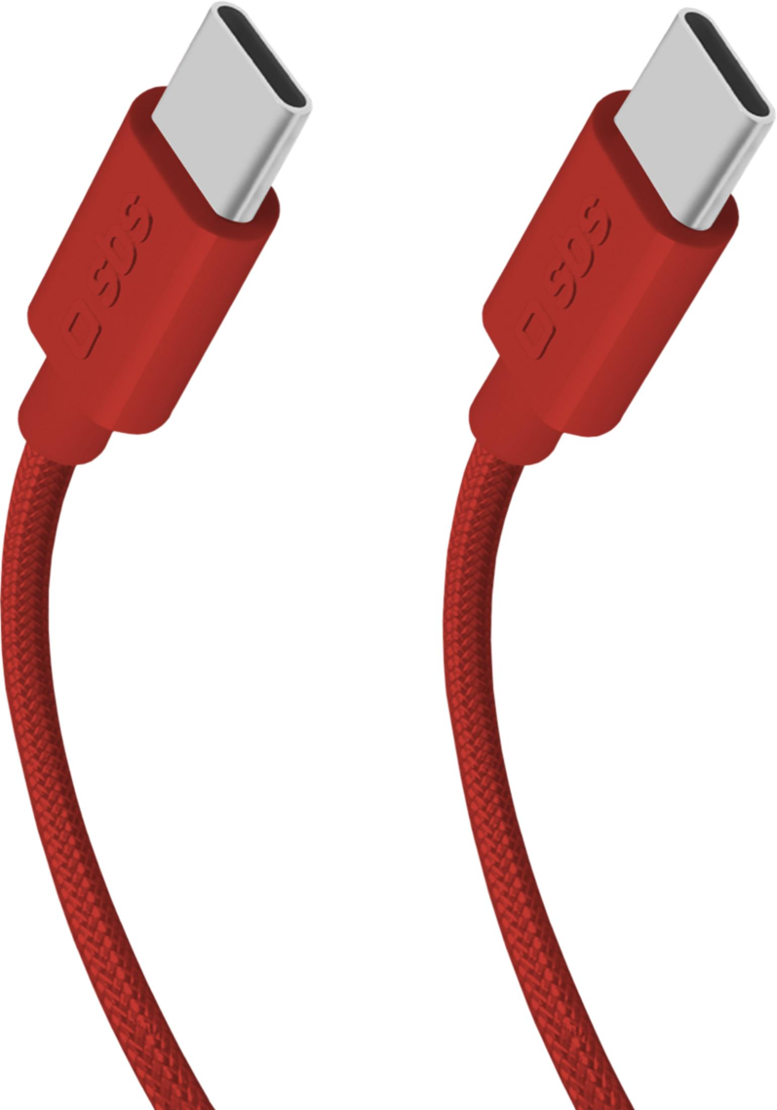Zwei rote USB-C-Kabel mit silbernen Anschlüssen auf weißem Hintergrund.