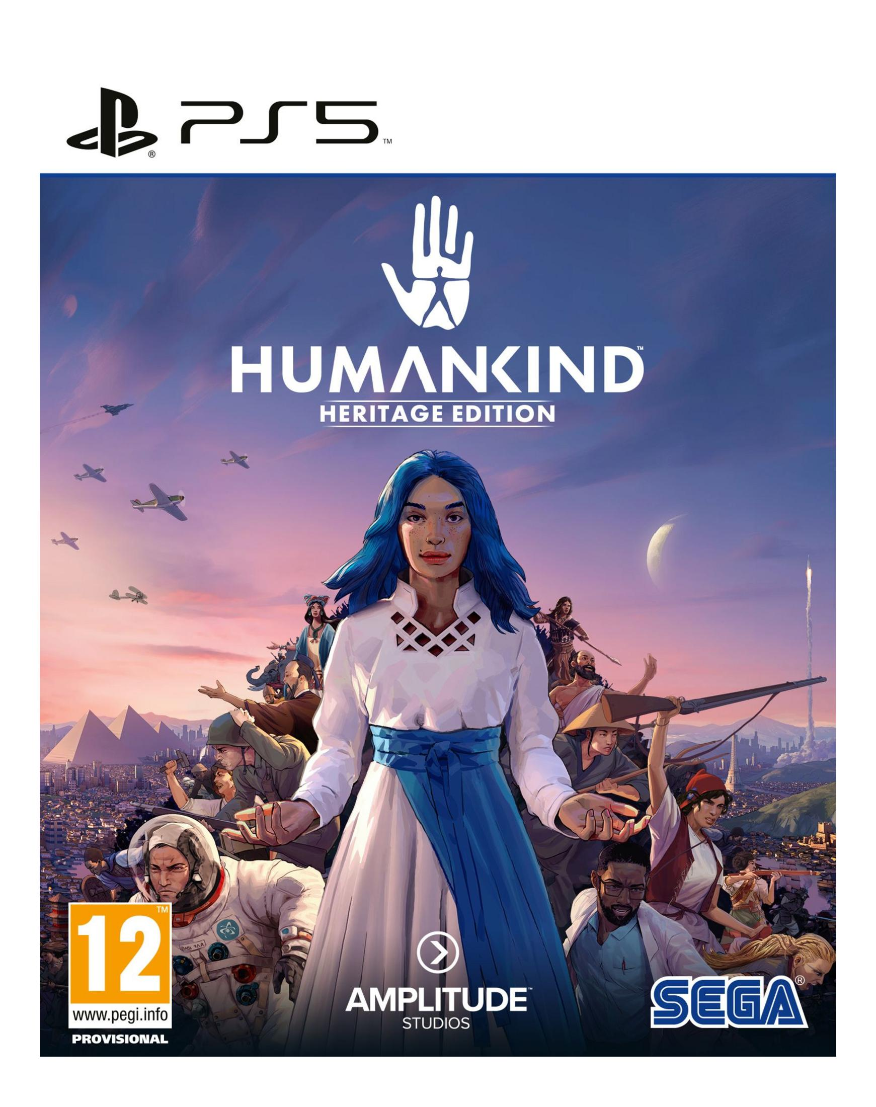 Copertina gioco PS5 Humankind: Heritage Edition con astronauta, soldati e figure storiche.