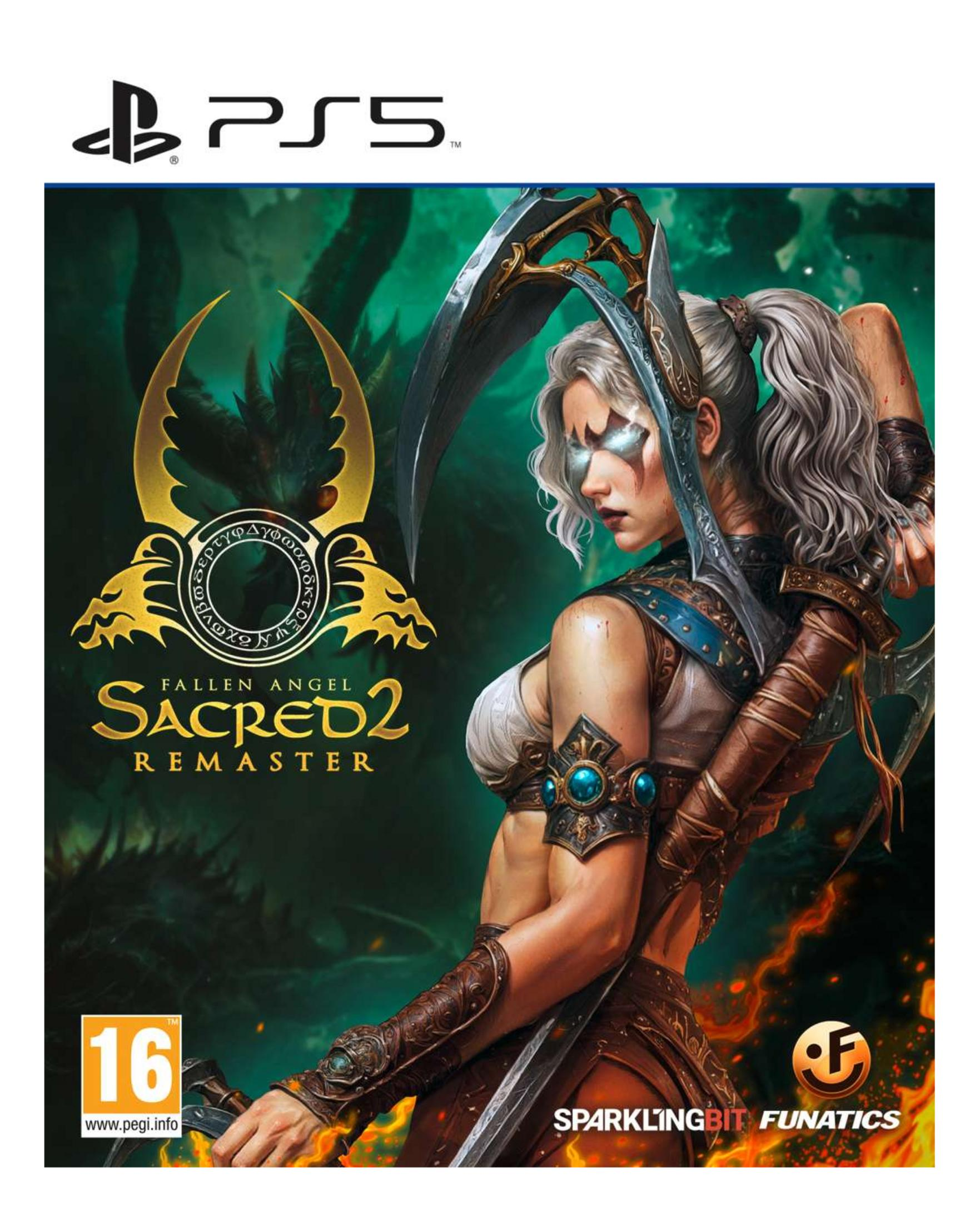 Una guerriera con una spada sulla copertina di Sacred 2 Remaster per PS5.