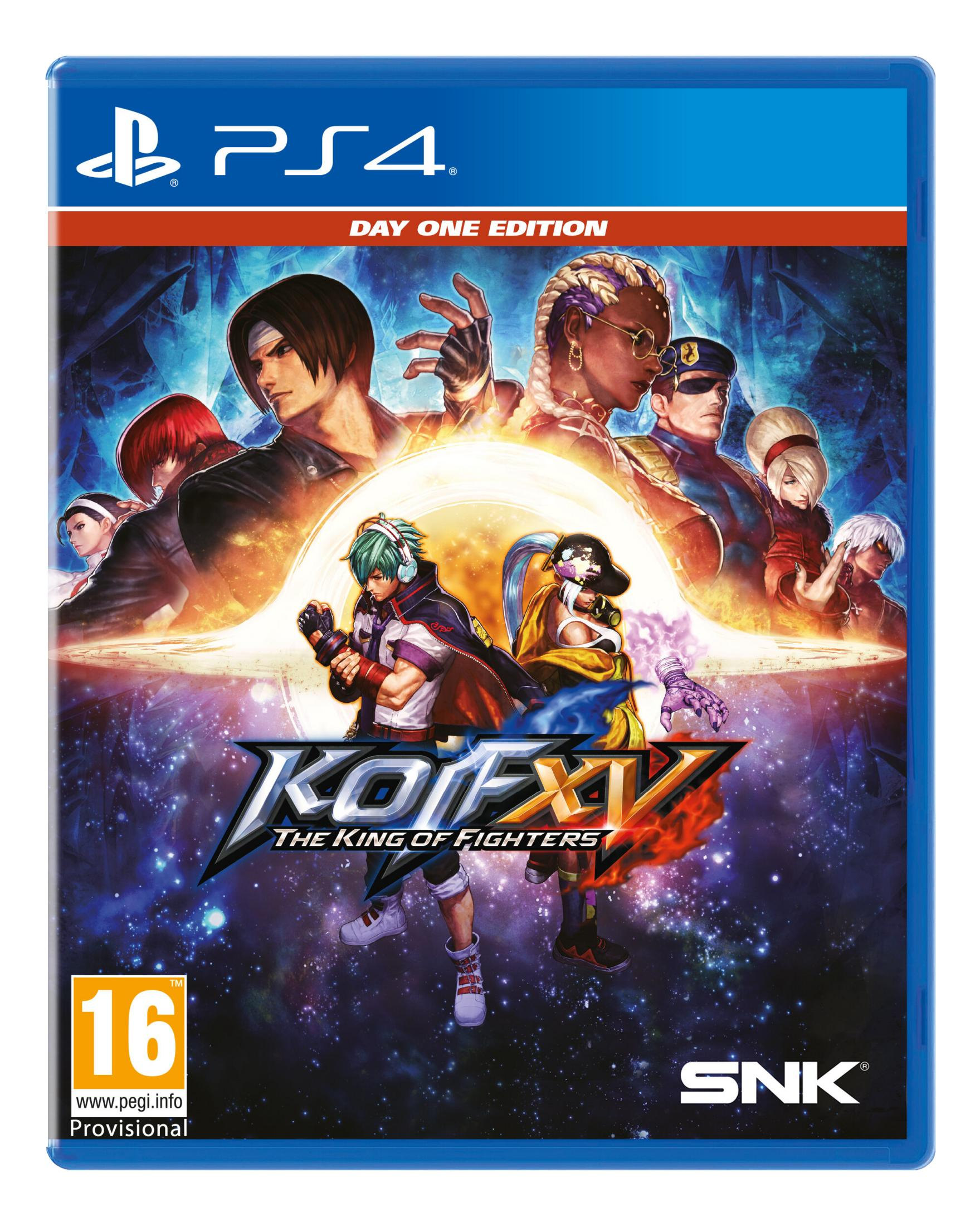 Copertina gioco PS4: 'The King of Fighters XV', Edizione Day One, con personaggi.