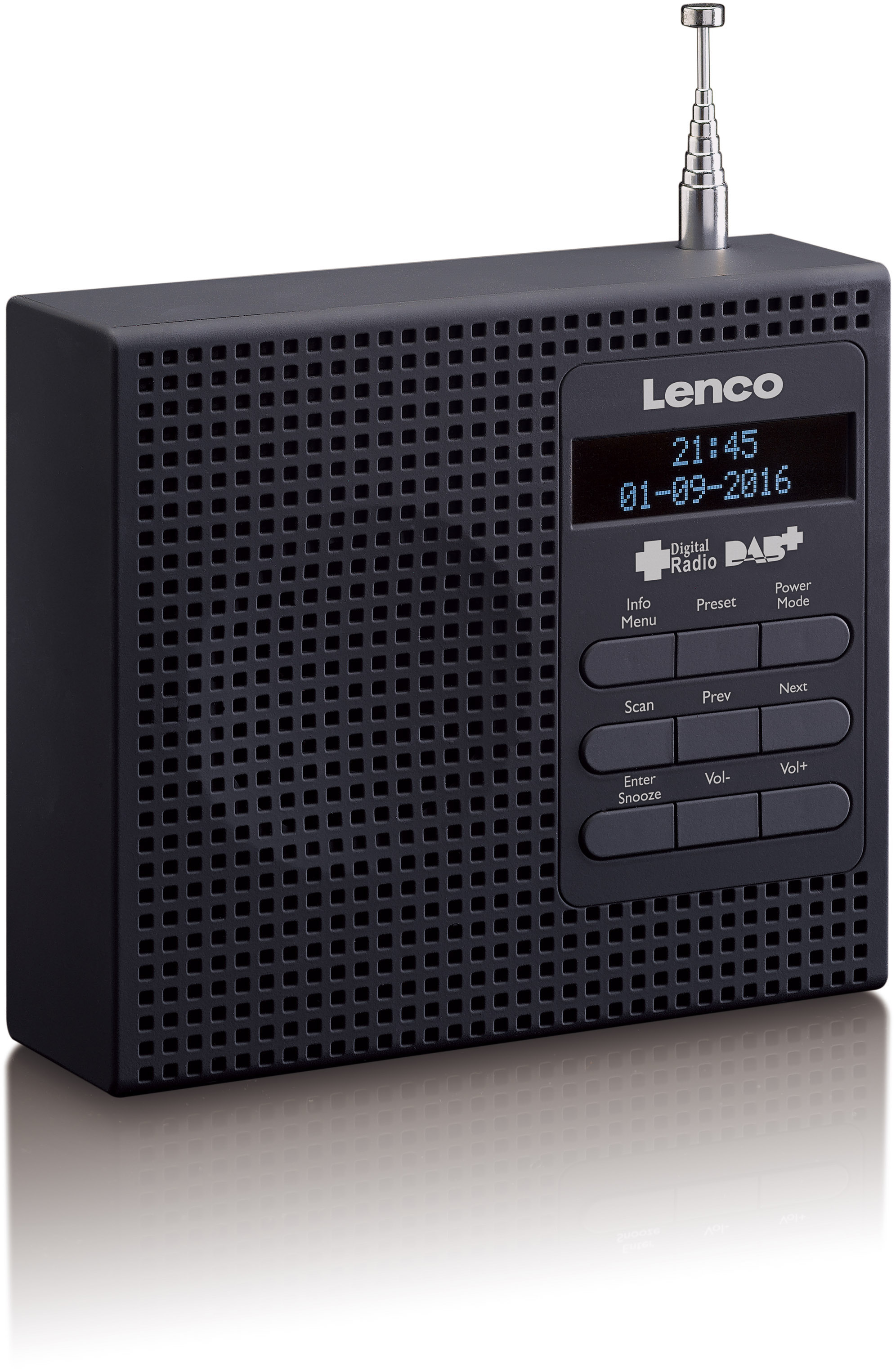 Czarno-radiowe radio Lenco DAB+ z wysuwaną anteną i przyciskami.