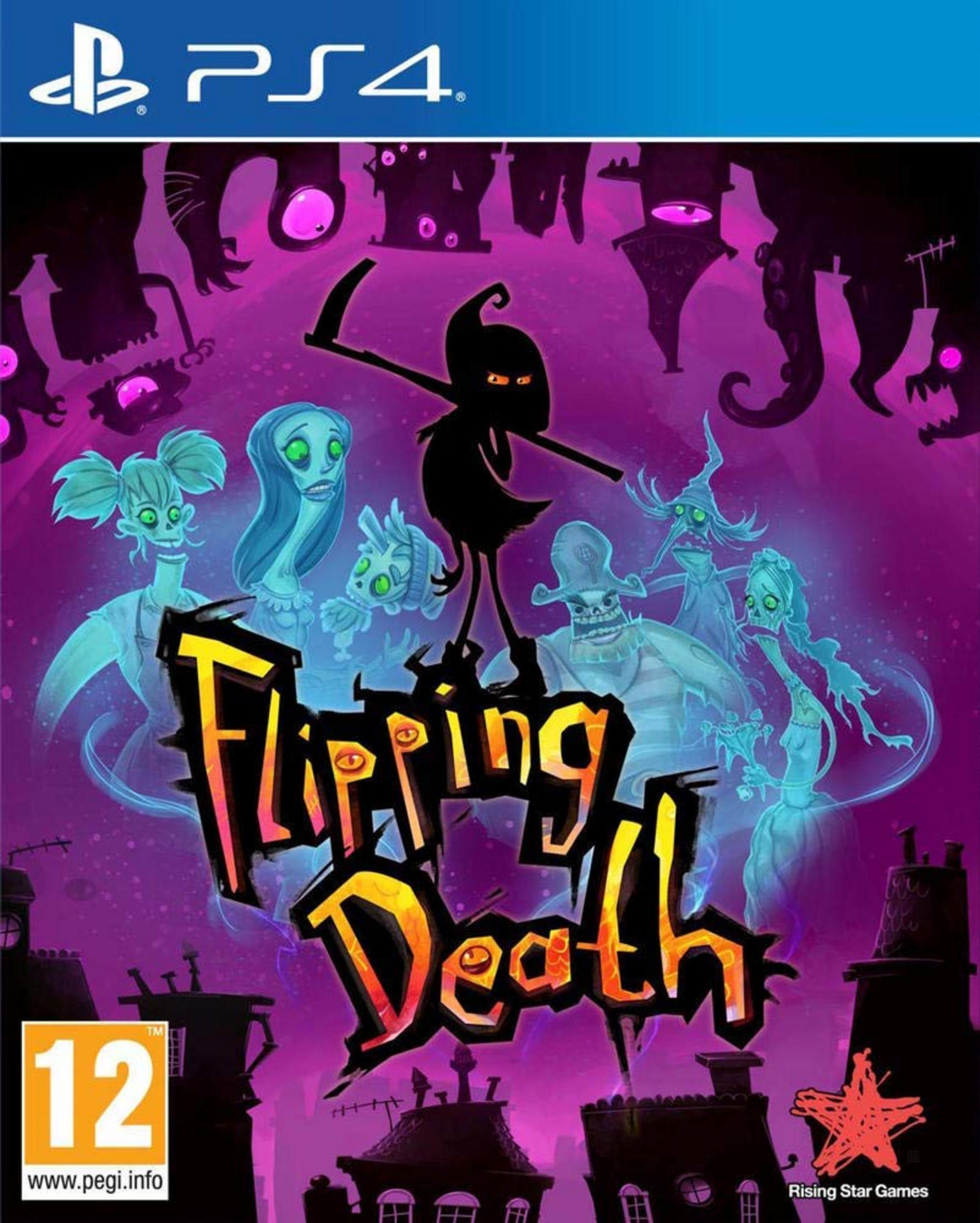 Copertina gioco Flipping Death PS4 con fantasmi cartoni e edifici scuri. PEGI 12.