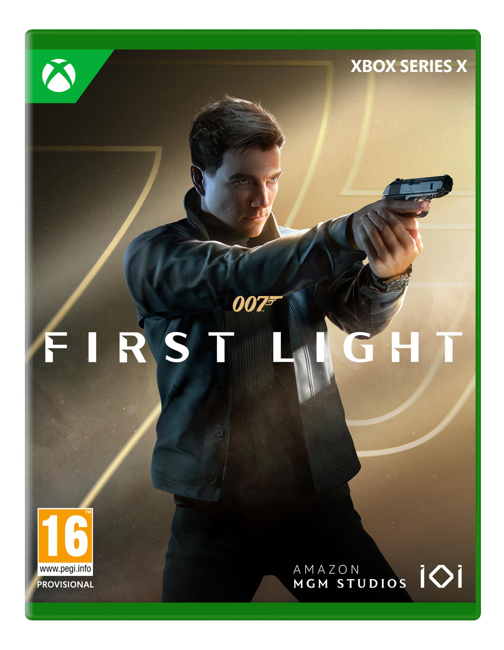 Ein Mann zielt mit einer Pistole, Xbox Series X-Logo, 007 First Light-Titel.