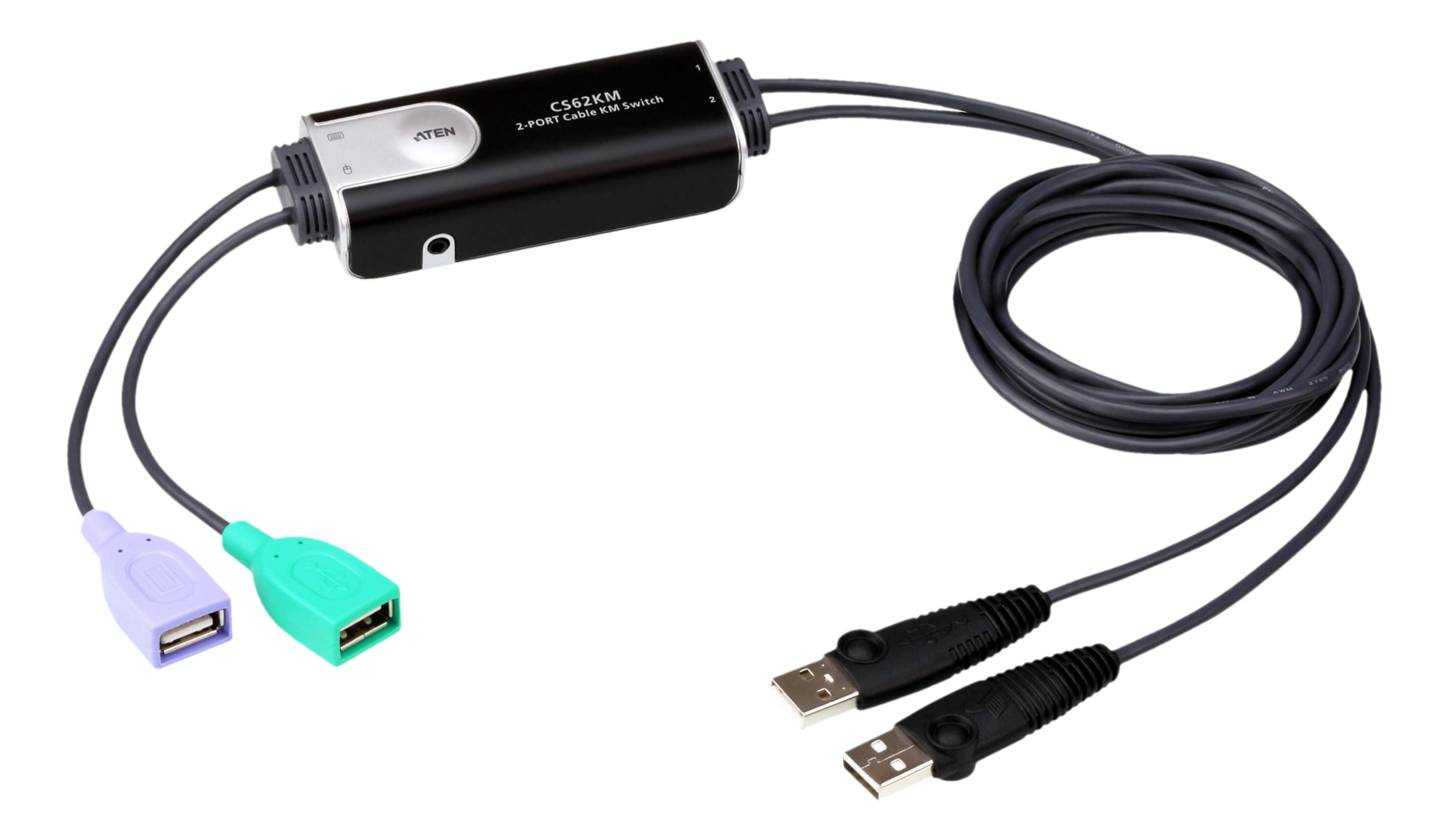 Ein schwarzer ATEN 2-Port KVM-Switch mit zwei USB-Kabeln und einem violetten und grünen Stecker.