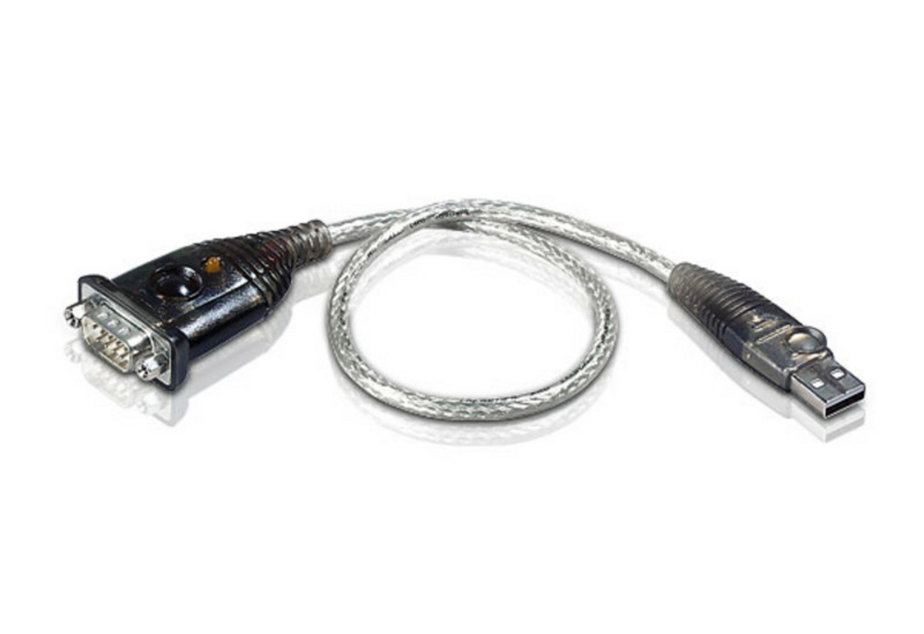 Un cavo adattatore da USB a seriale con connettori neri e cavo argentato.