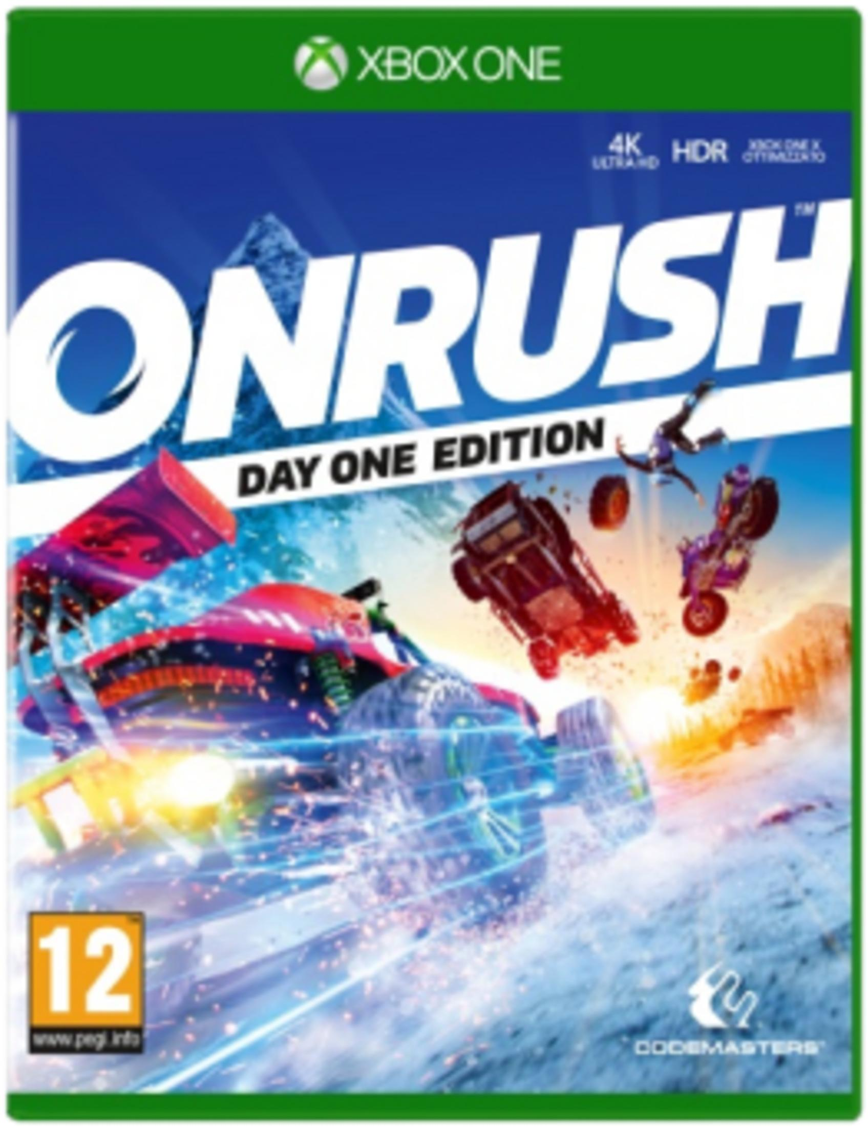 Copertina gioco Xbox One: Onrush Day One Edition. Veicoli da corsa in azione, un pilota in aria.