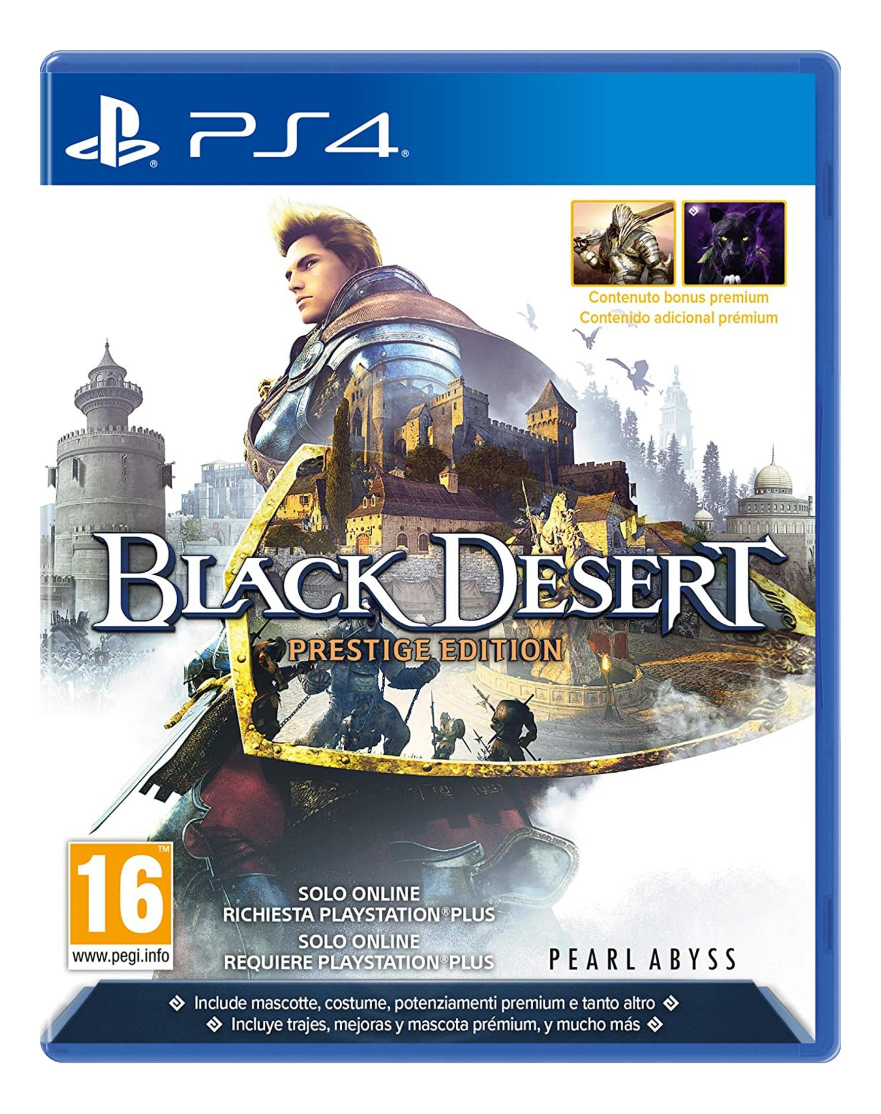 Copertina PS4 Black Desert Prestige Edition con guerriero, castello e pantera nera.