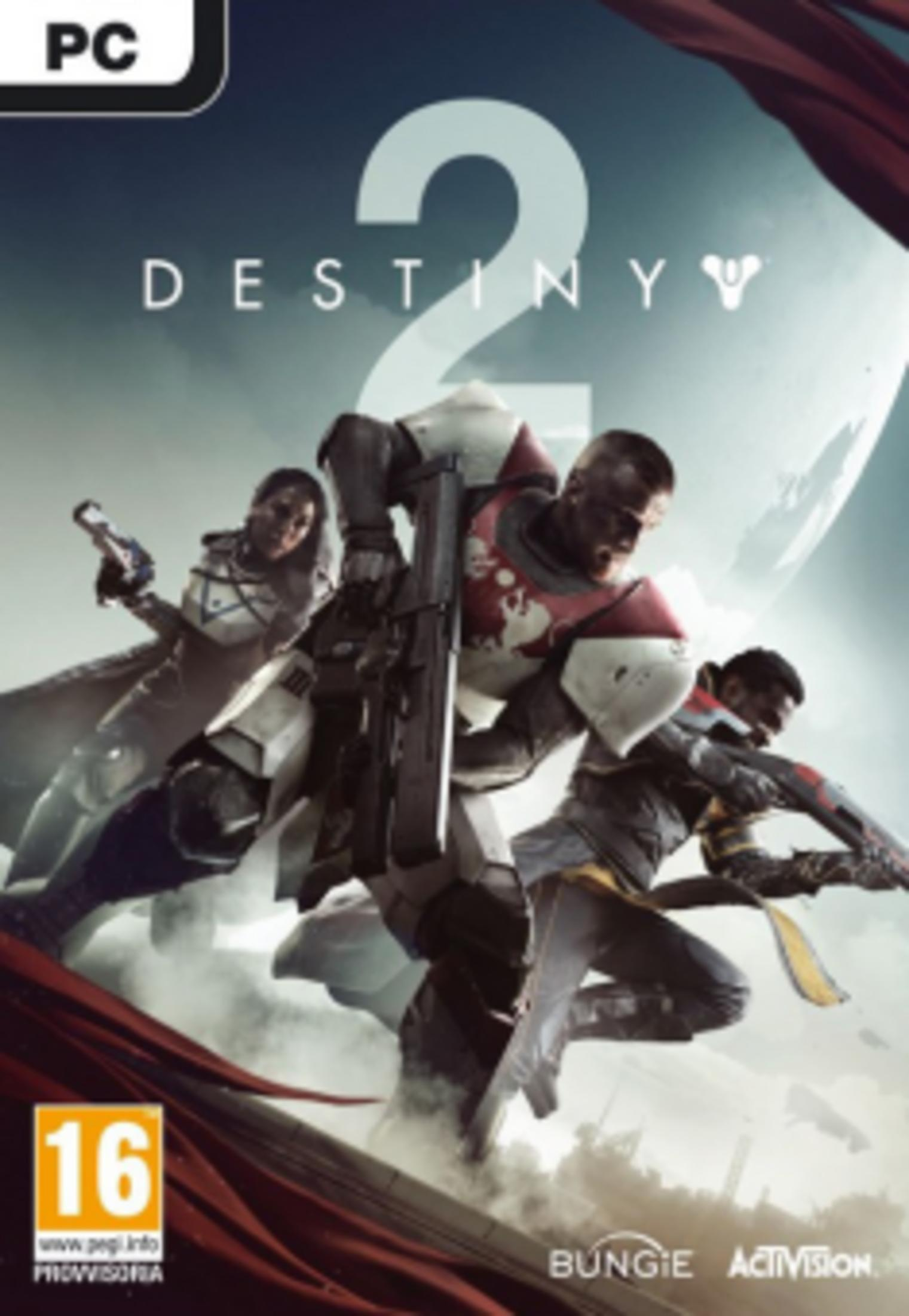 Copertina del gioco PC Destiny 2 con tre figure corazzate in ambiente futuristico.