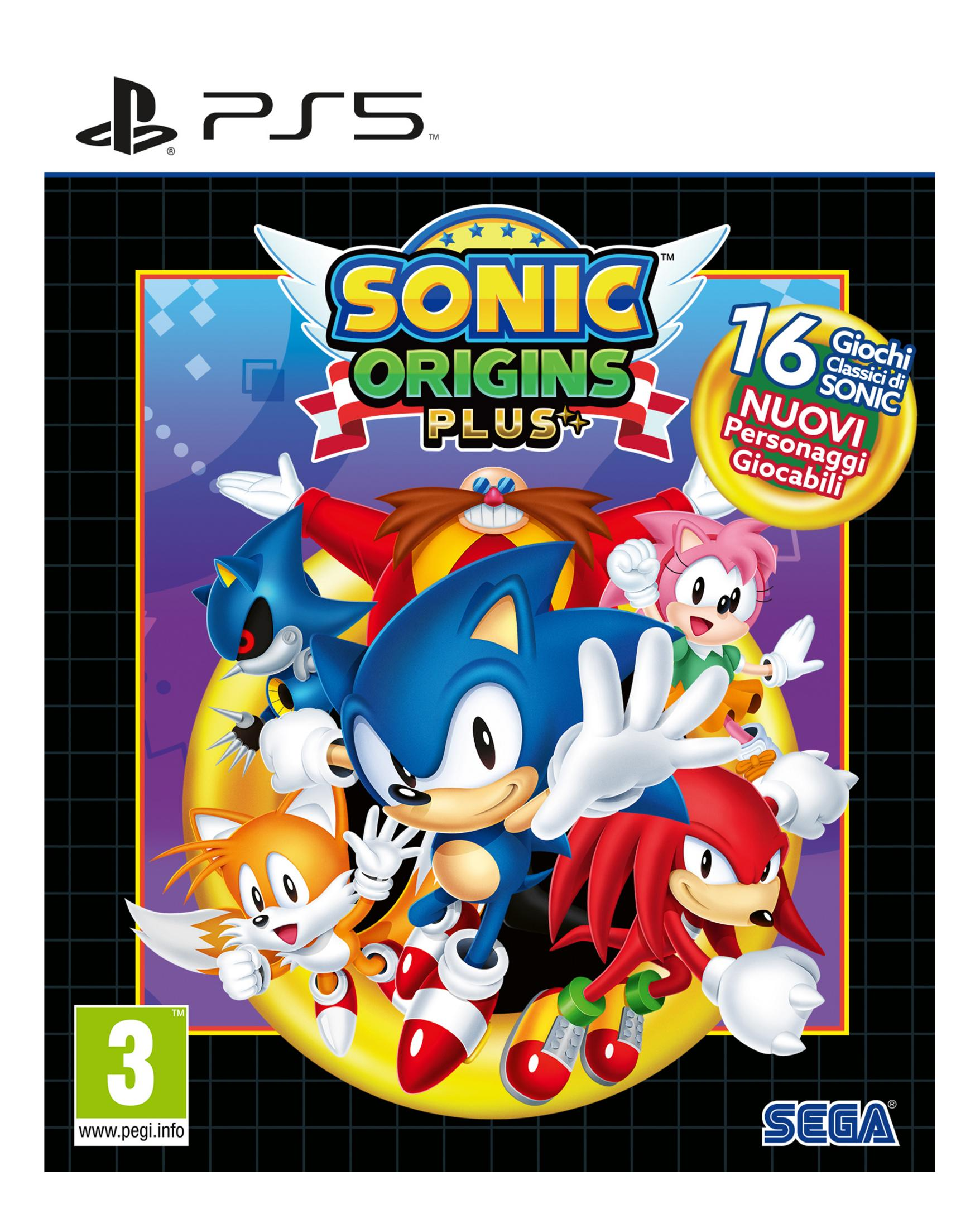 Sonic e amici sulla copertina di Sonic Origins Plus per PS5, con Eggman sullo sfondo.