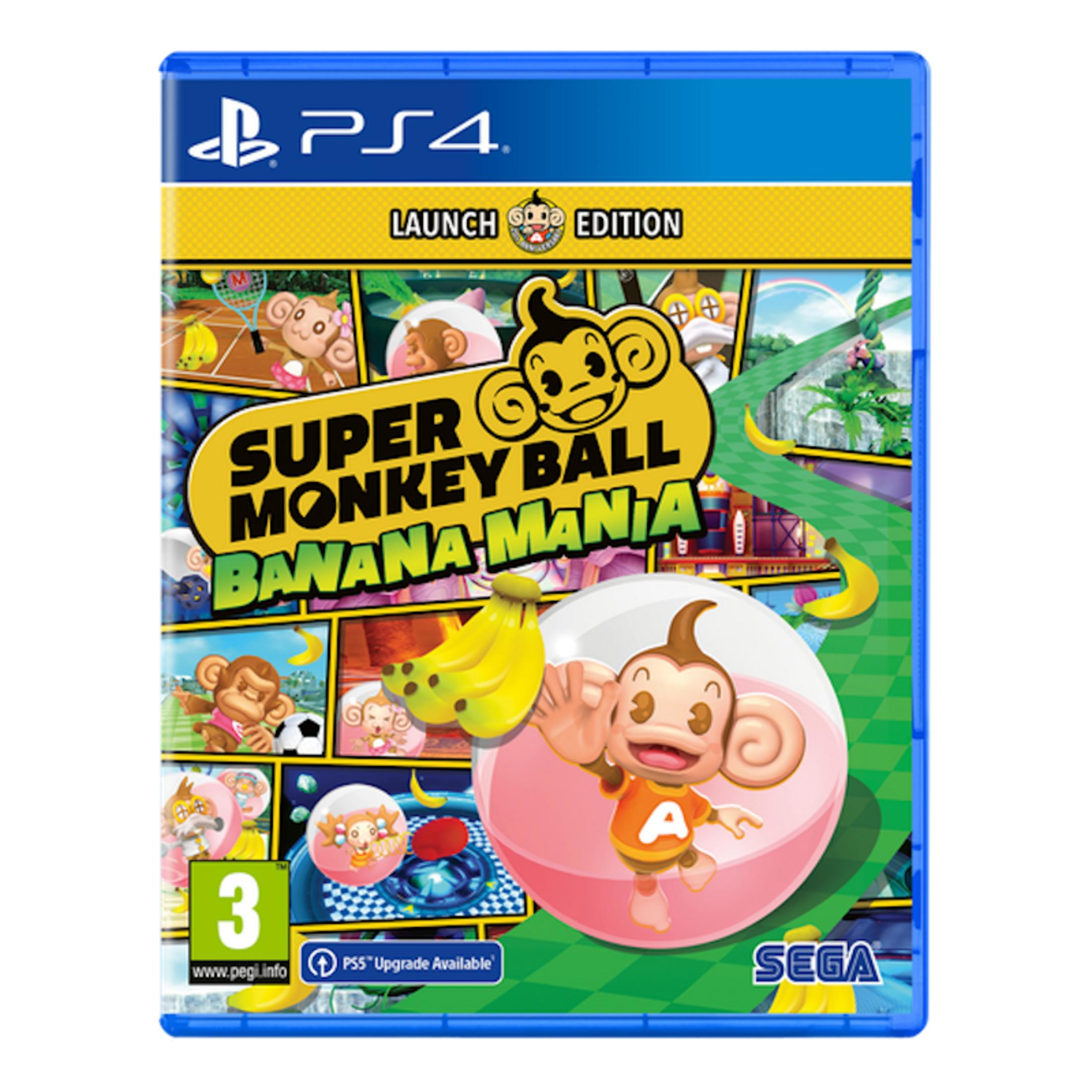 Copertina gioco PS4 'Super Monkey Ball Banana Mania' con scimmie e banane.