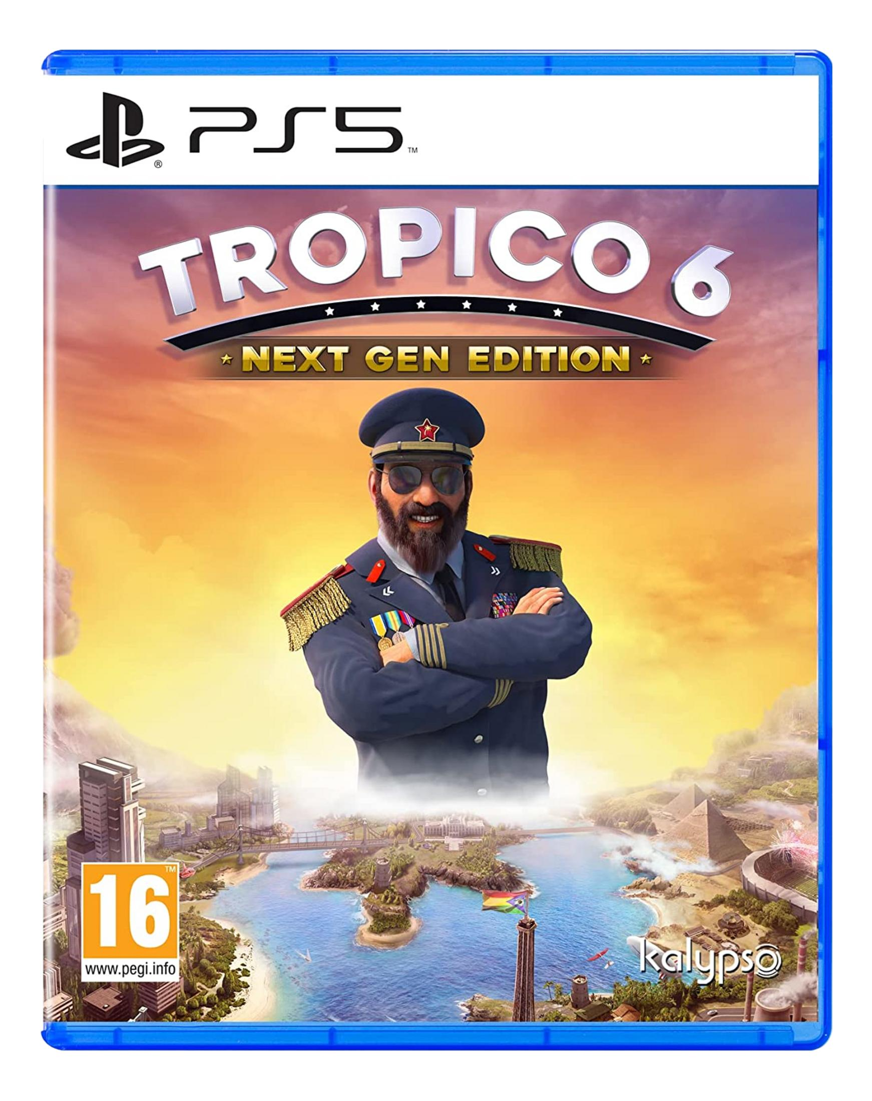 Okładka gry PS5 Tropico 6 z generałem na tle tropikalnej wyspy.