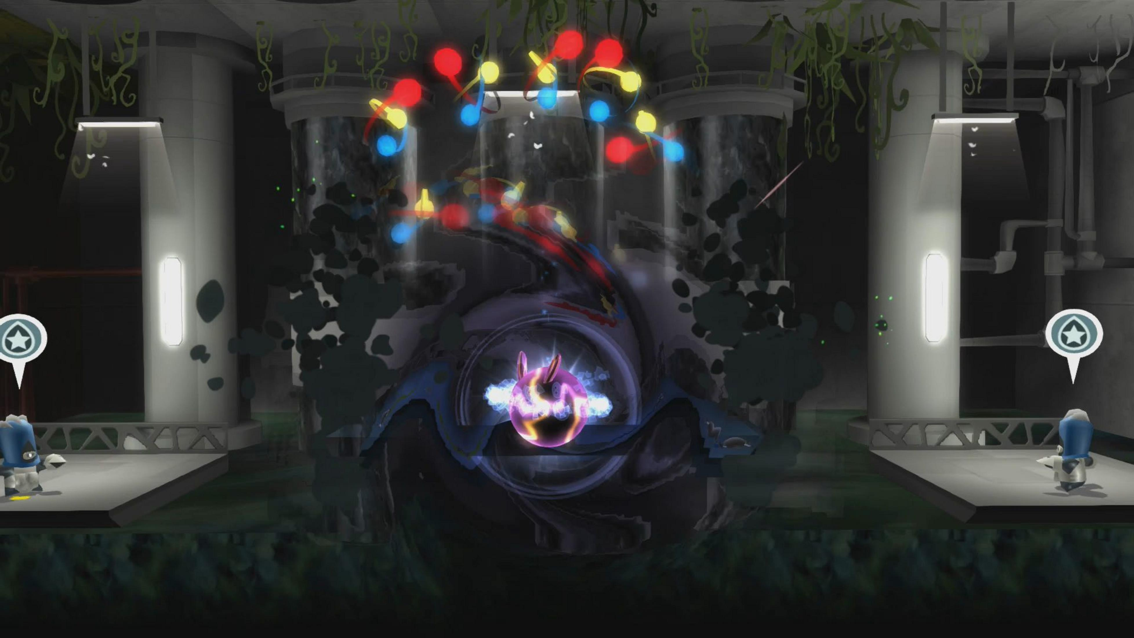 Una criatura morada en un vórtice con luces de colores encima.