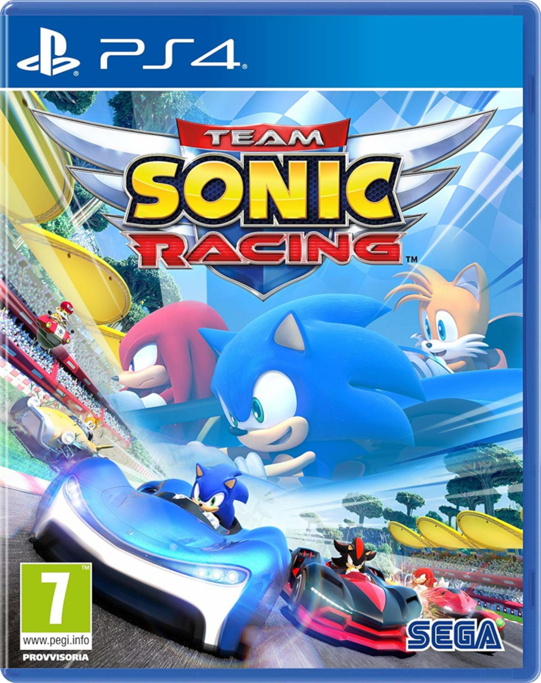 Sonic, Tails e Knuckles gareggiano in auto. Copertina gioco PS4.