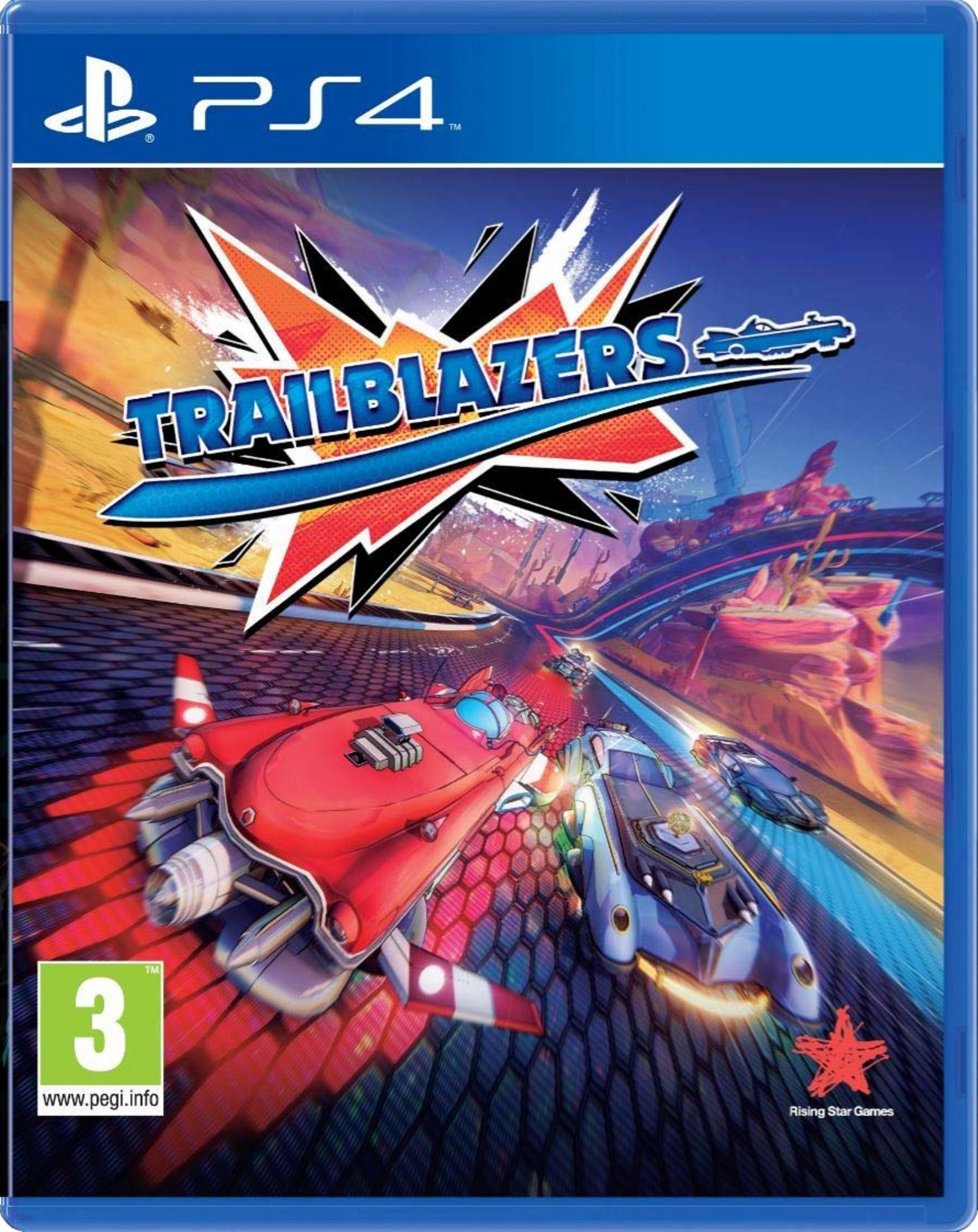 Copertina gioco PS4: Auto da corsa su pista colorata, titolo Trailblazers.