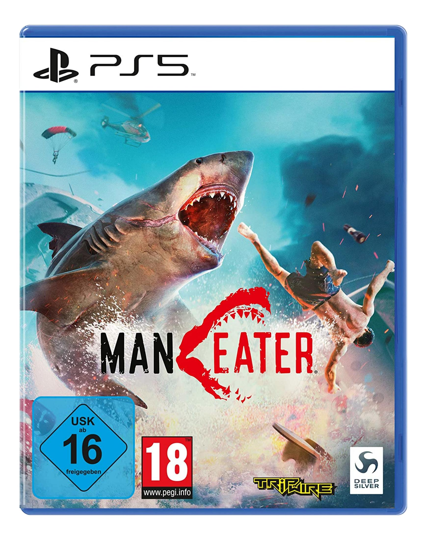 Un tiburón ataca a un buceador. Portada del juego PS5 "Maneater".