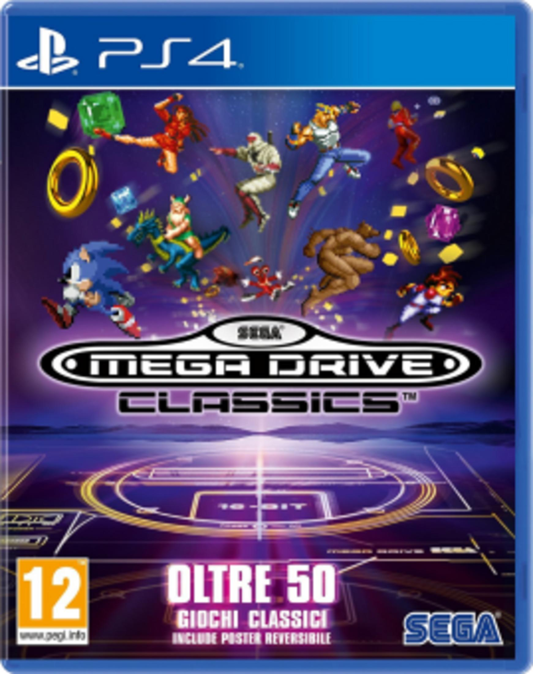 Copertina PS4 Mega Drive Classics con Sonic e personaggi. Età 12+.