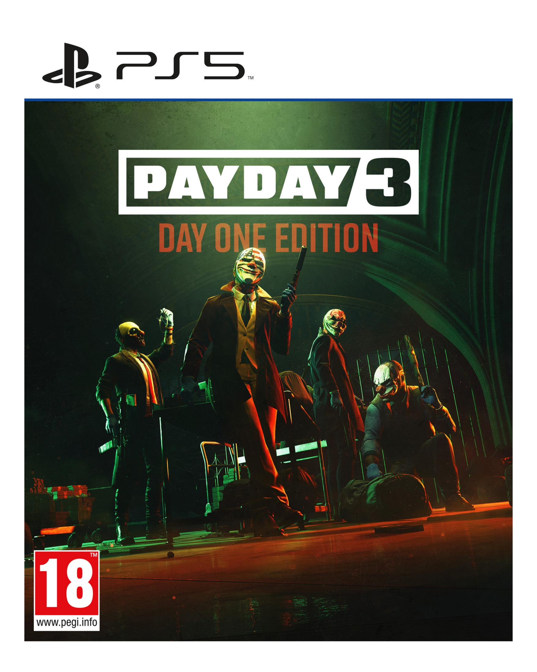 Portada de PAYDAY 3: Hombres con máscaras y trajes frente al logo PS5 y clasificación 18.