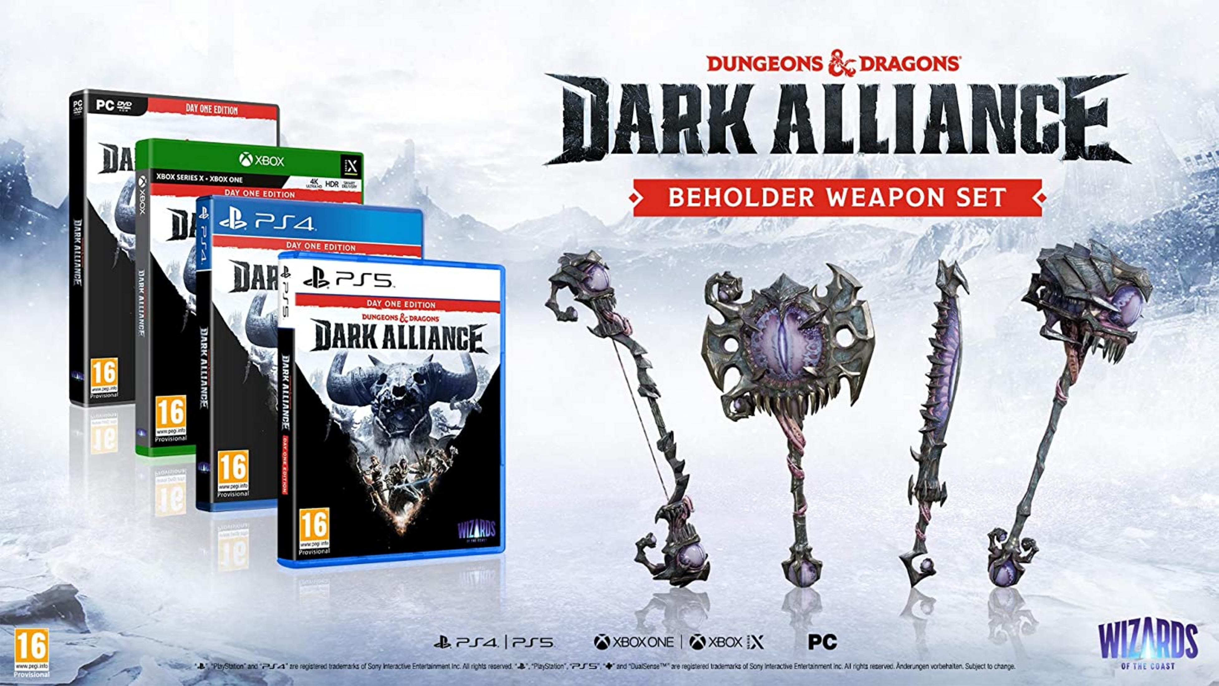 Pudełka gry Dark Alliance i zestaw broni beholder na lodowym tle.