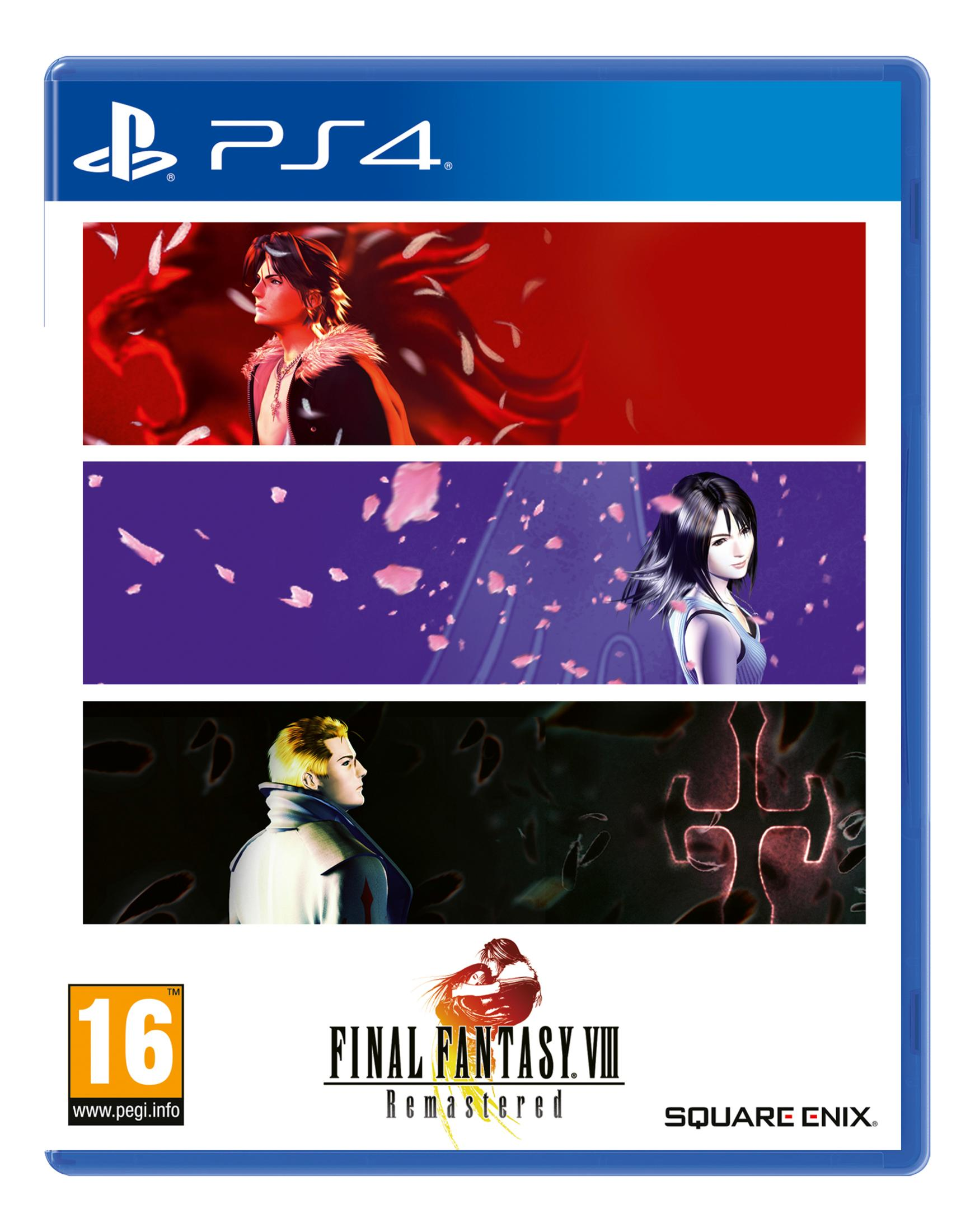 Caja de juego PS4 con tres paneles: hombre con plumas, mujer con pétalos, hombre con formas.