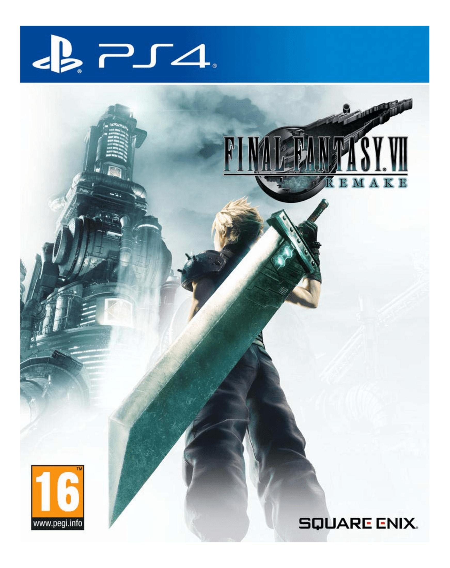 Cloud Strife con la sua spada davanti a un paesaggio urbano futuristico. Logo PS4.