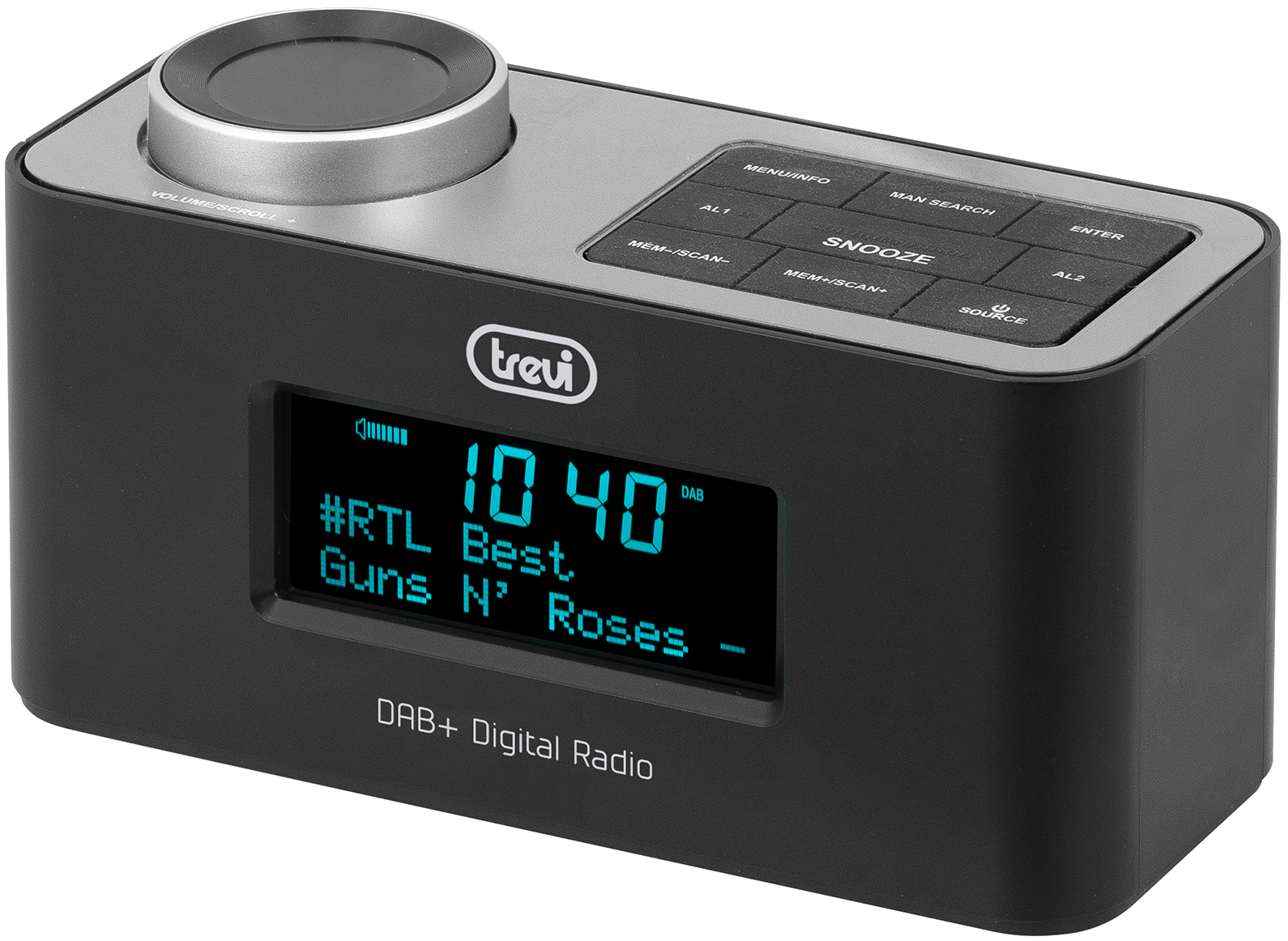 Czarna radio cyfrowe Trevi DAB+ z niebieskim wyświetlaczem pokazuje 10:40.