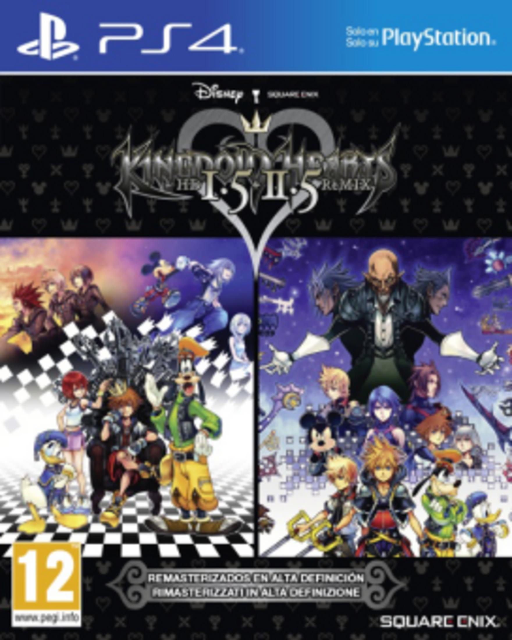 Copertina del gioco Kingdom Hearts PS4 con molti personaggi, loghi Disney e Square Enix.