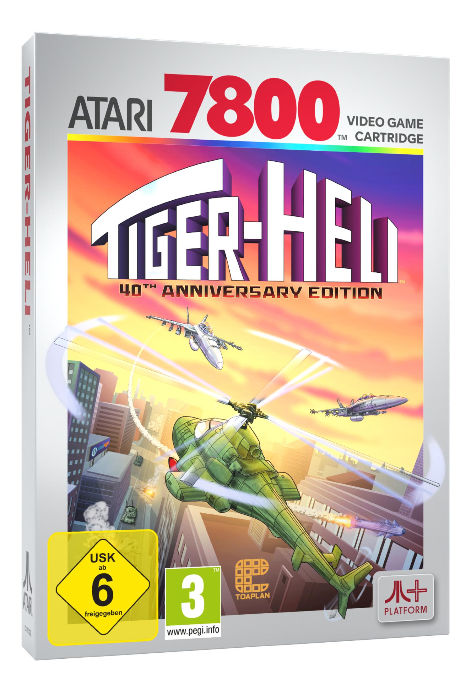 Una copertina di videogioco Atari 7800 con un elicottero che vola su una città.