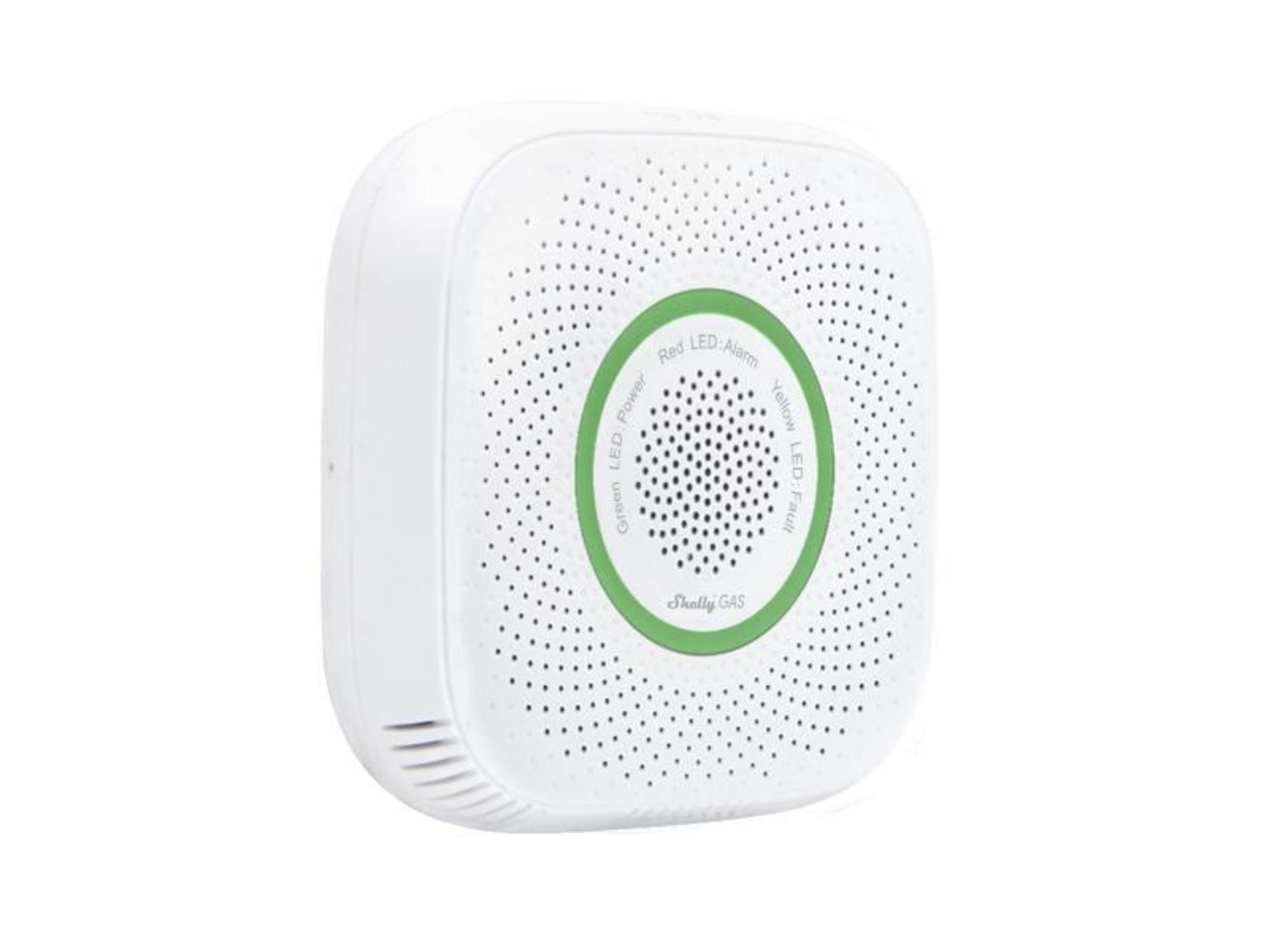 Biały czujnik gazu z otworami wentylacyjnymi i wskaźnikami LED.