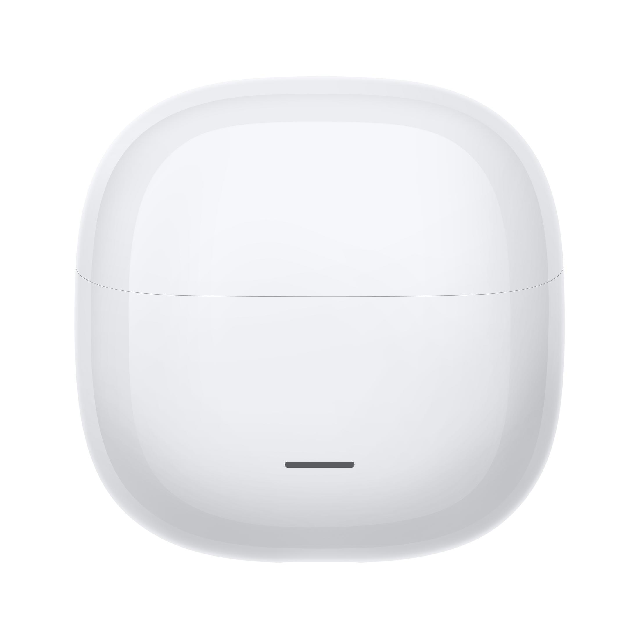 Een witte oplaadcase voor draadloze oordopjes met een smalle sleuf.