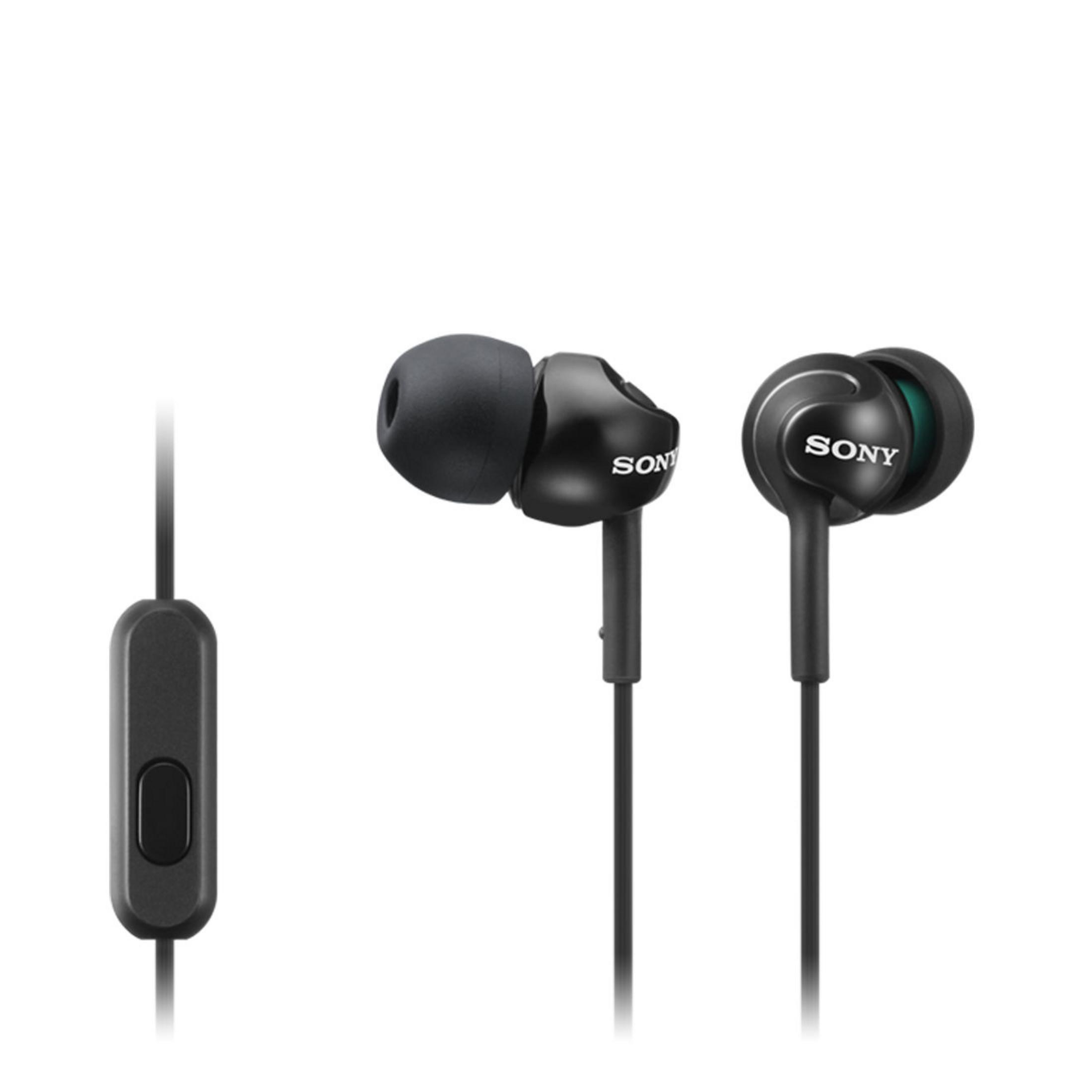 Black Sony wired earphones with in-ear tips on a white background.