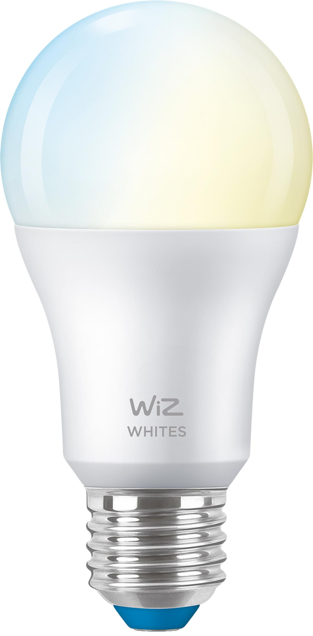 Una lampadina bianca con logo WiZ e base blu.