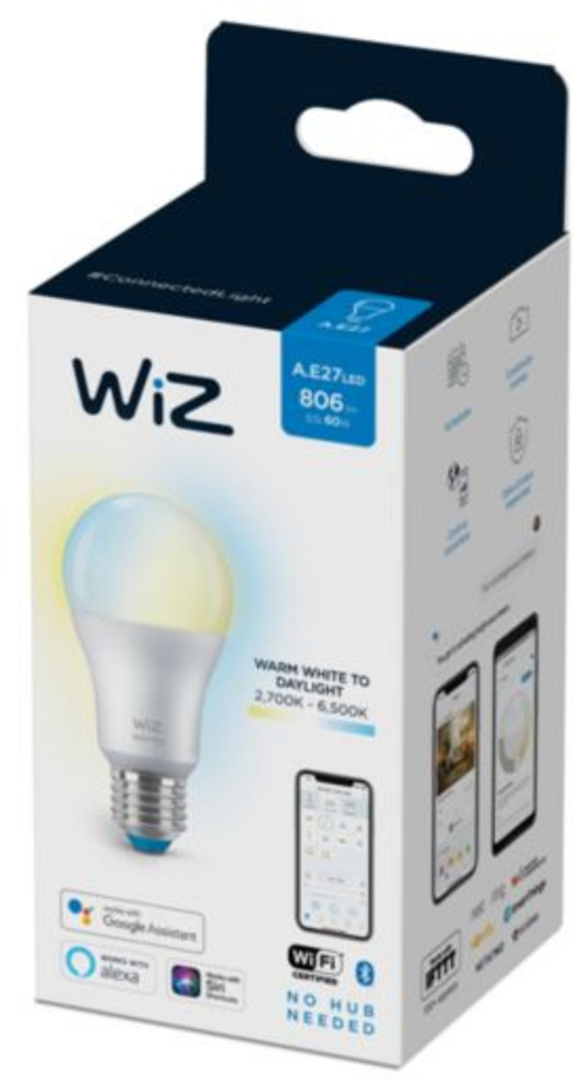 Confezione lampadina LED Wiz con immagine lampadina e icone smart home.
