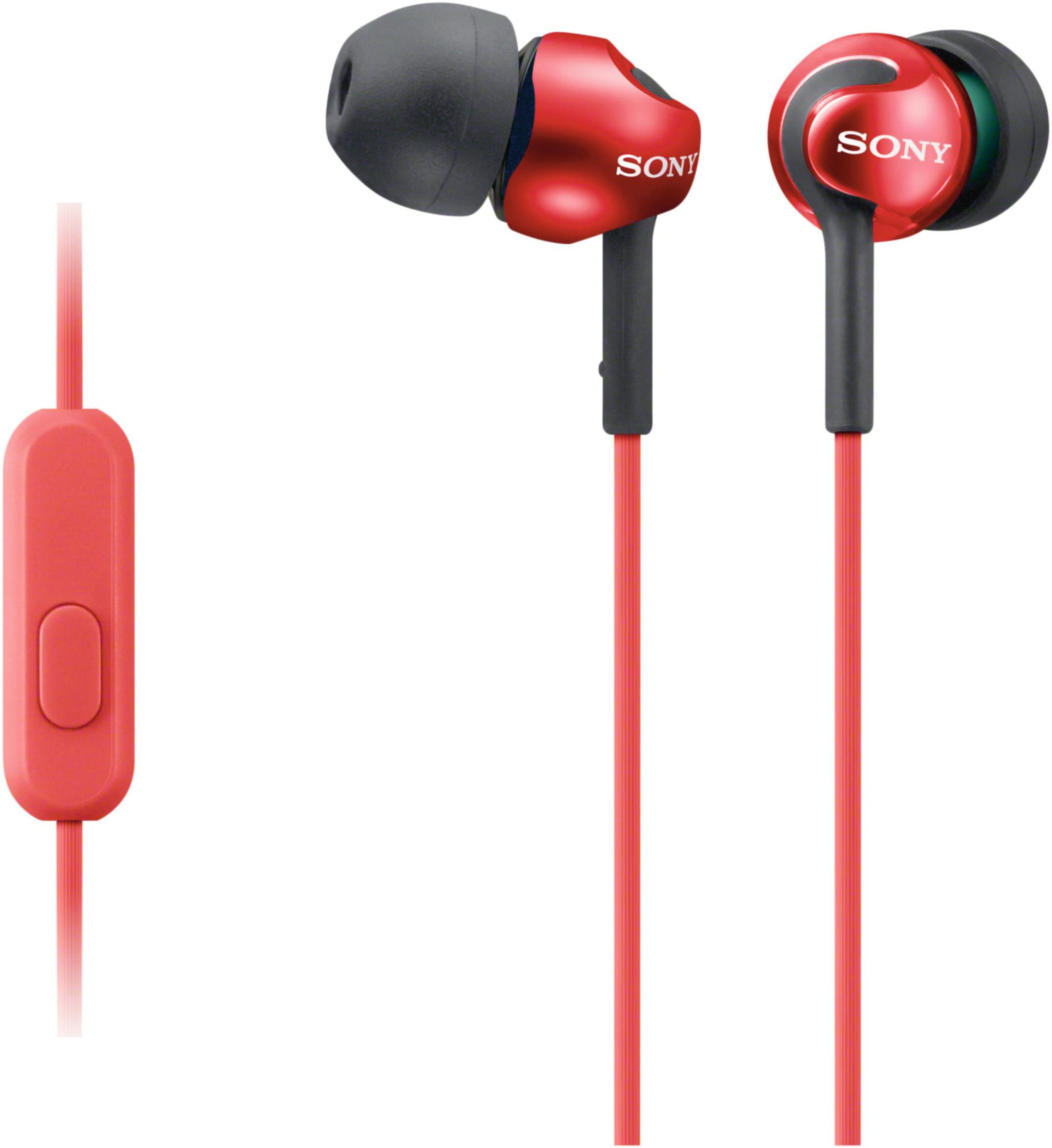 Czerwone słuchawki douszne Sony z czarną nakładką i pilotem.