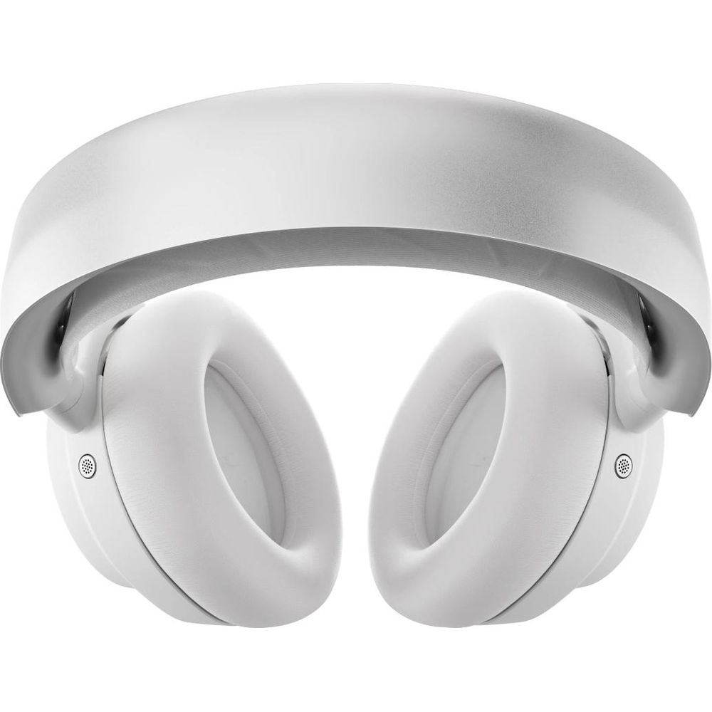 Witte over-ear koptelefoon met zilveren hoofdband, op witte achtergrond.