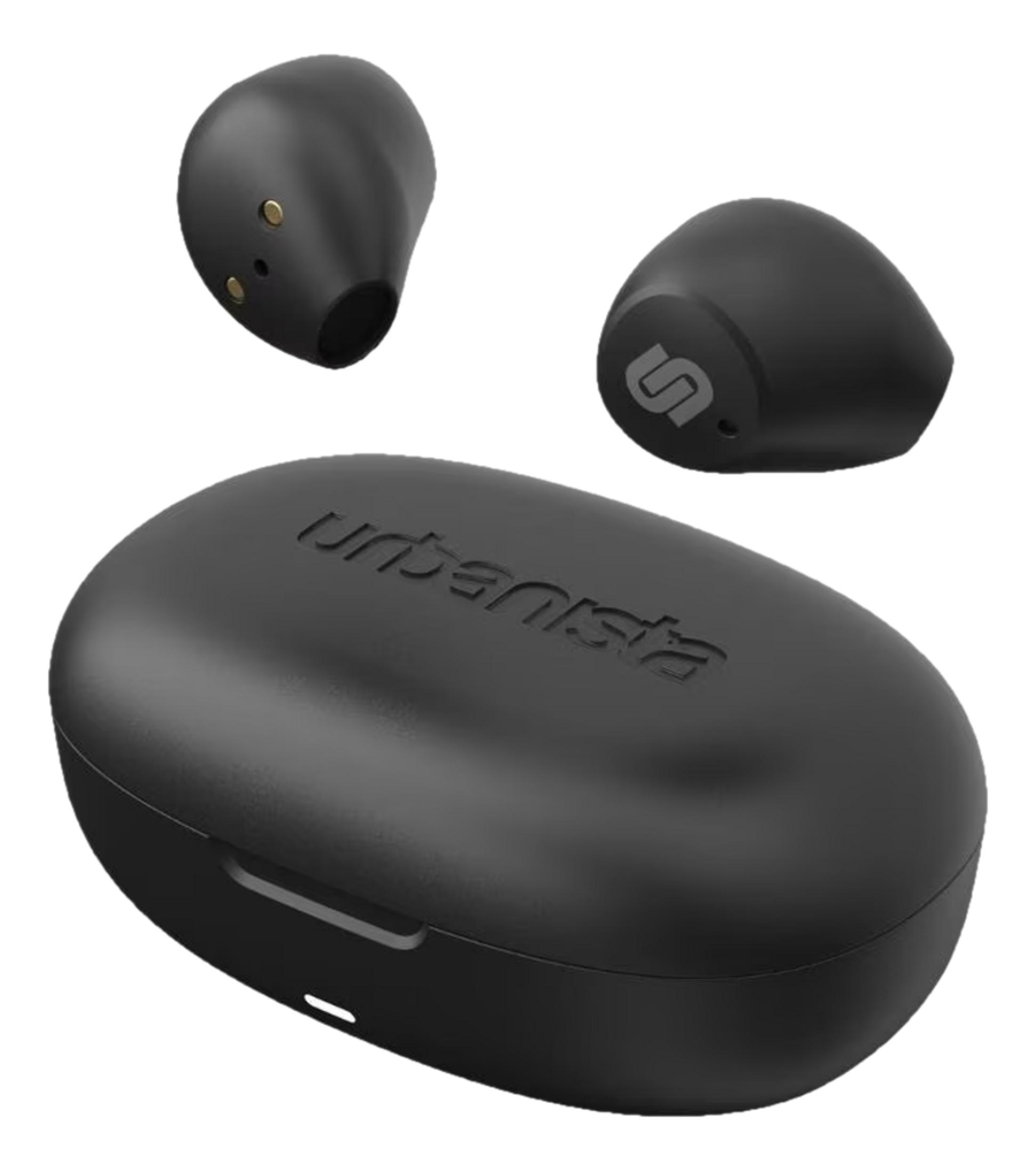 Zwarte draadloze oordopjes met oplaadcase en Urbanista-logo.