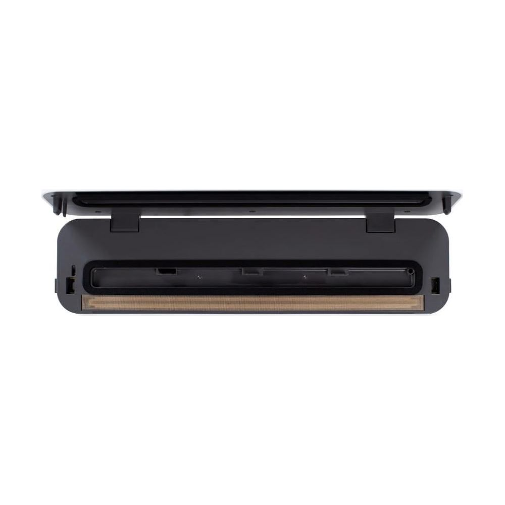 Czarna zgrzewarka próżniowa z otwartą pokrywą, pokazująca element grzewczy.