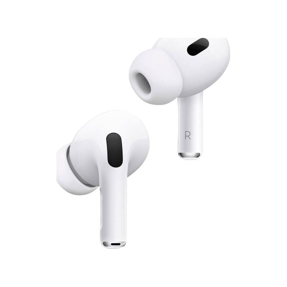 Dwa białe AirPods Pro z czarną siatką, na białym tle.