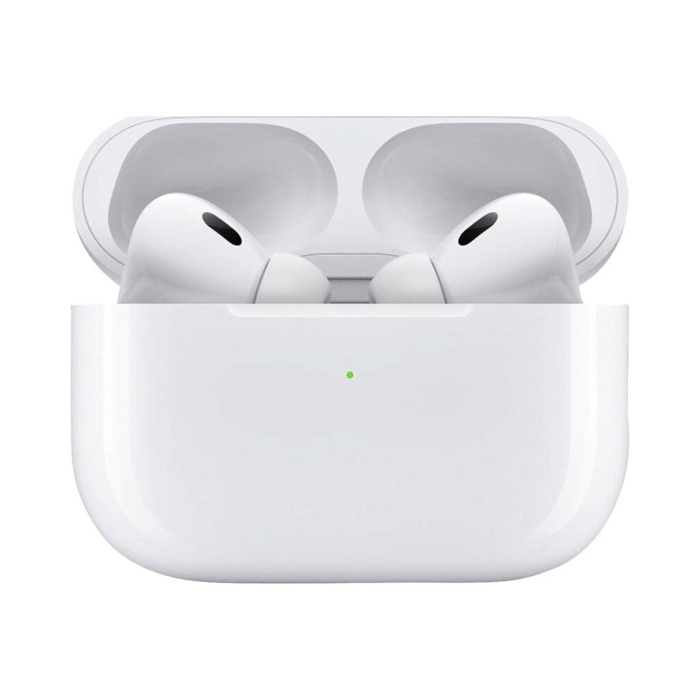 Białe słuchawki w otwartym etui ładującym z zieloną diodą LED.