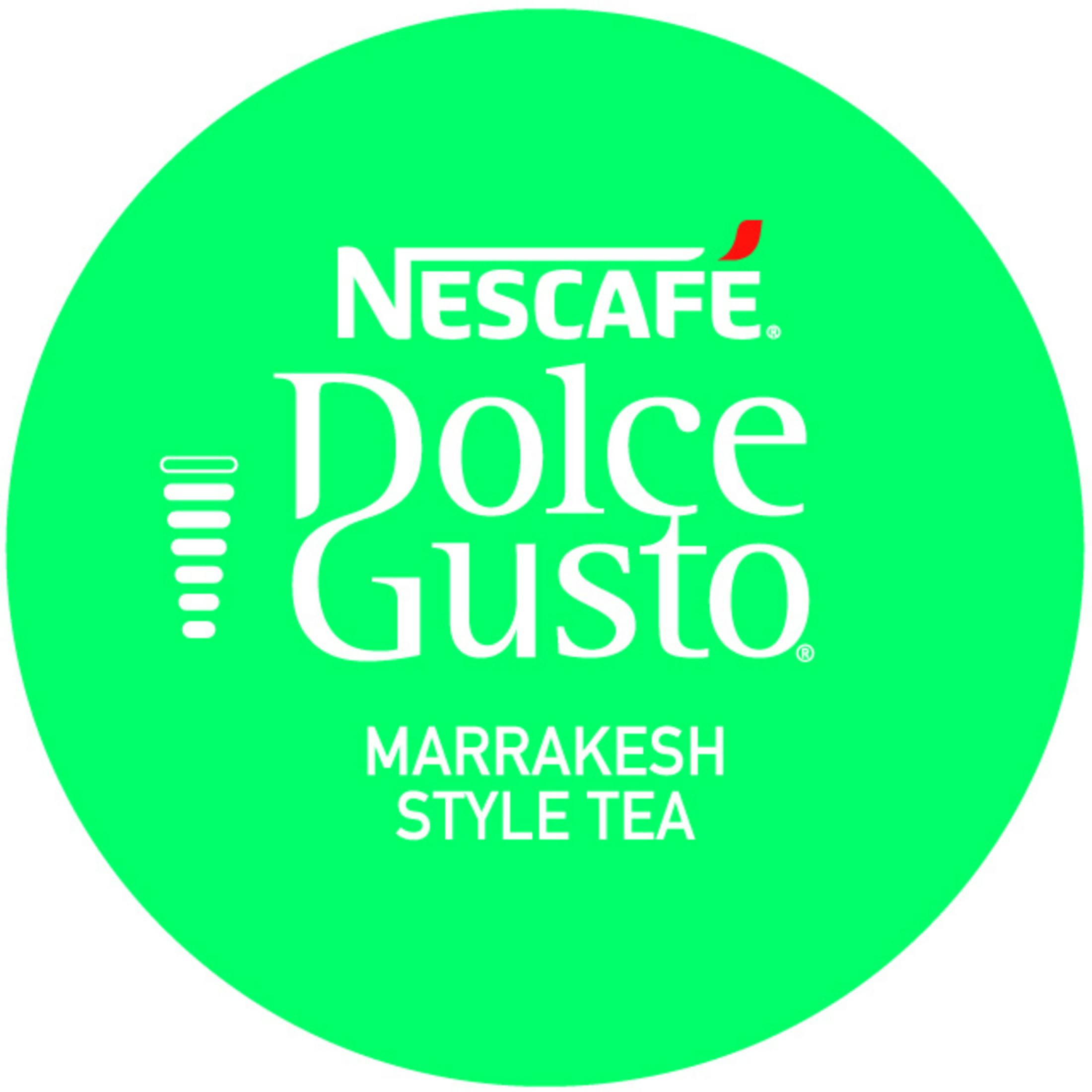 Cerchio verde con logo Nescafé Dolce Gusto bianco e testo.