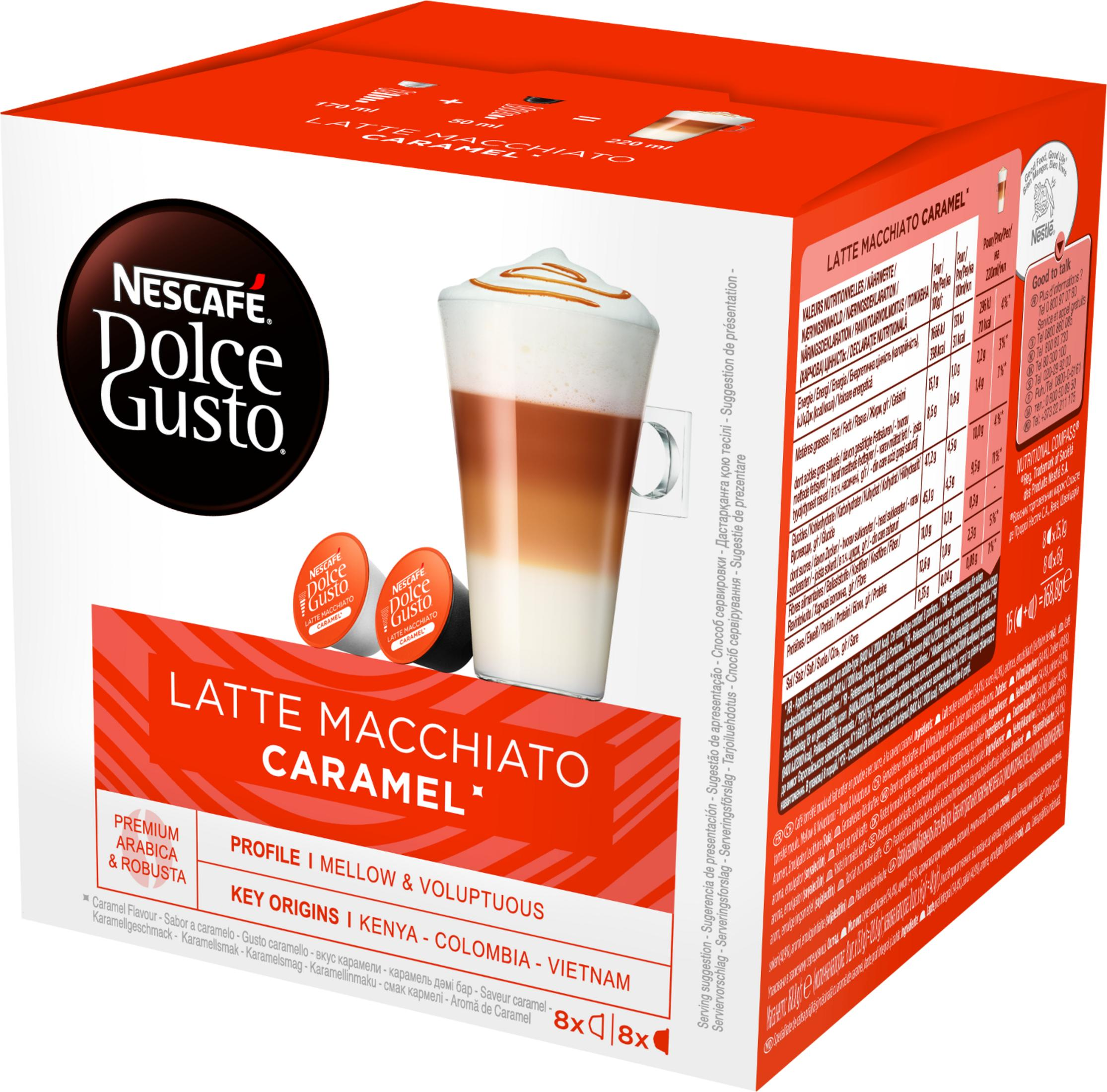 Scatola Nescafé Dolce Gusto Latte Macchiato Caramel con illustrazione di tazza.