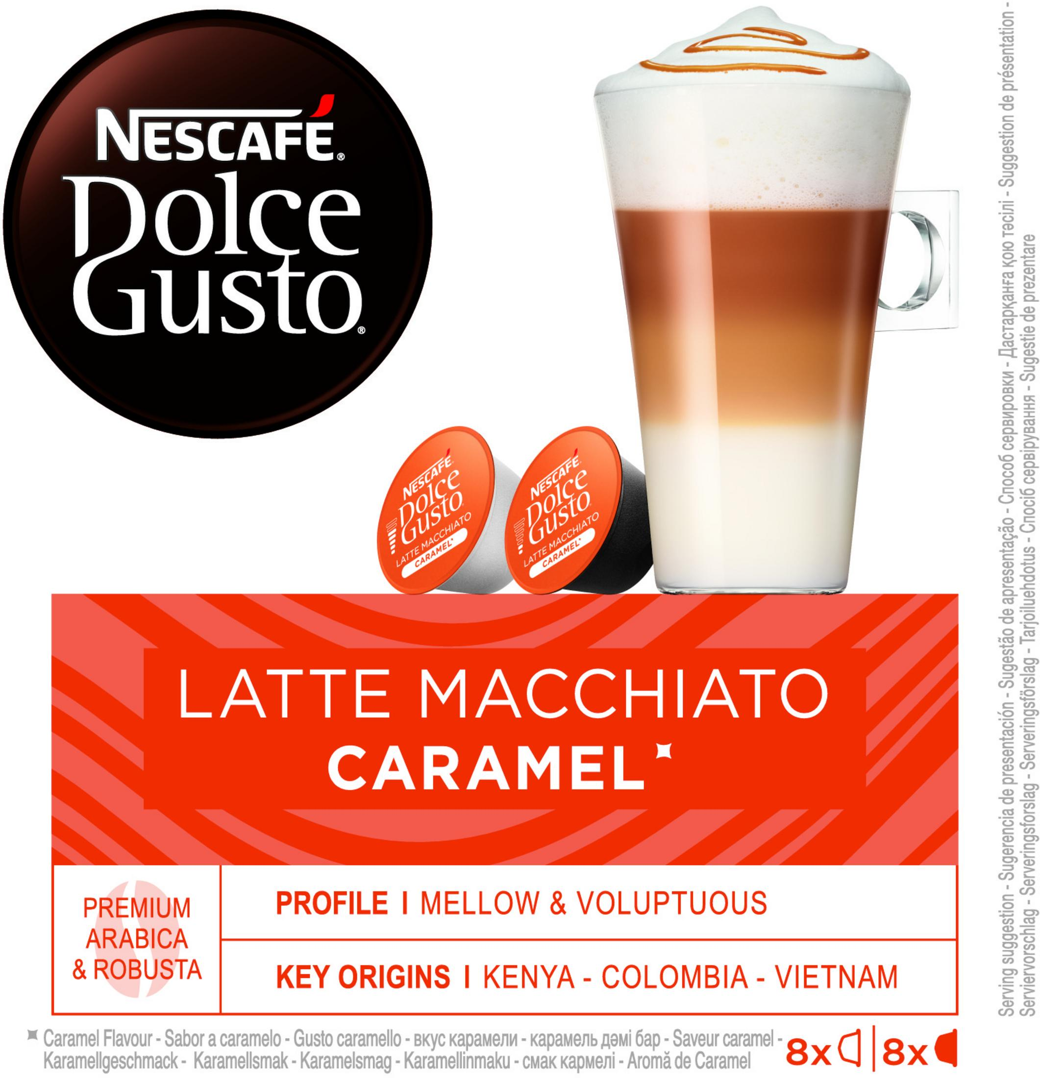 Nescafe Dolce Gusto Caramel Latte Macchiato con due capsule e un bicchiere di caffè.