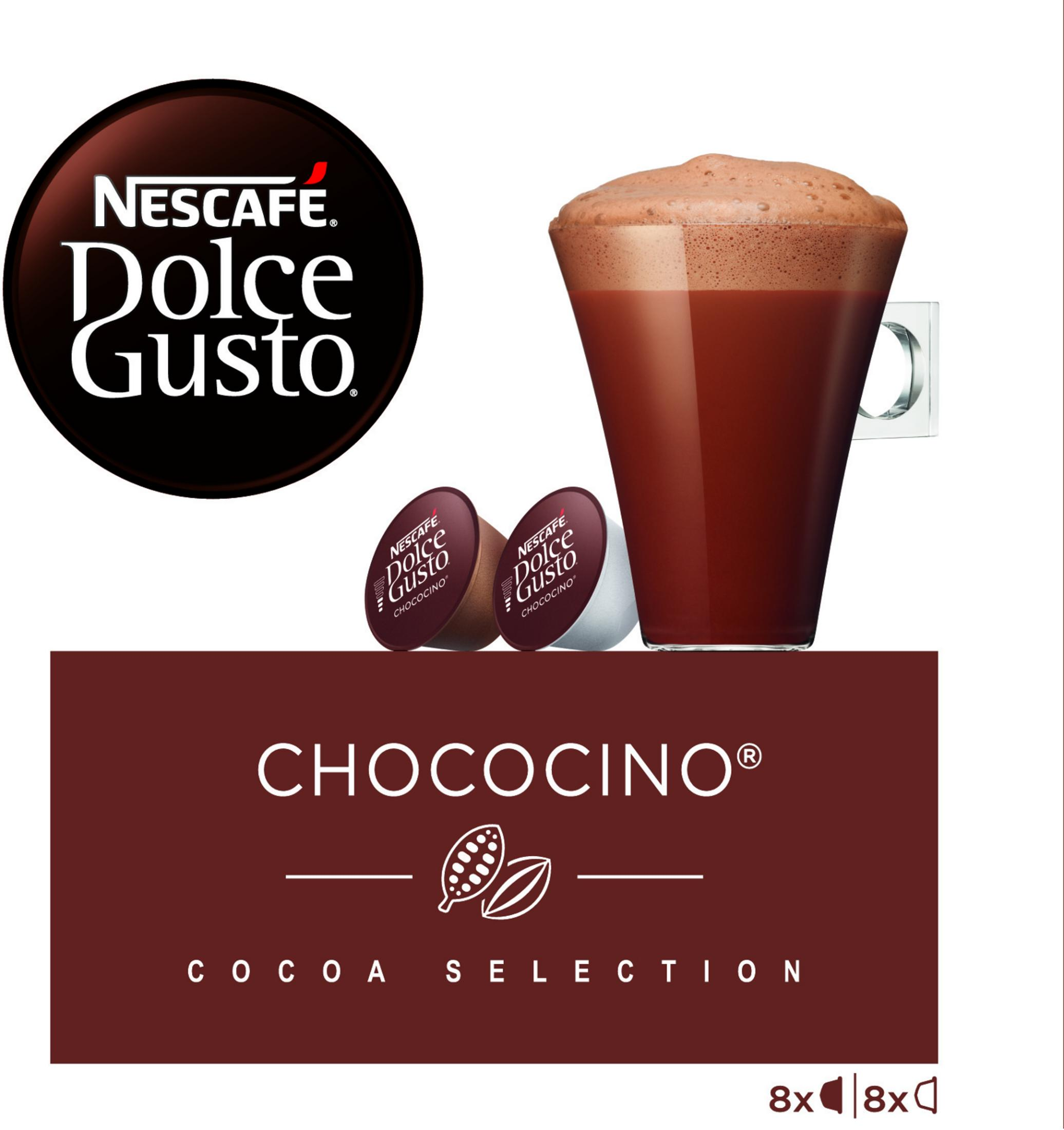 Nescafe Dolce Gusto Chococino con capsule e un bicchiere di cacao.
