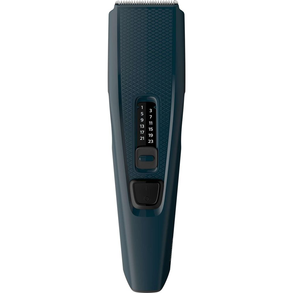 Ciemnoniebieska maszynka do włosów z czarnym przyciskiem i pokrętłem liczbowym.