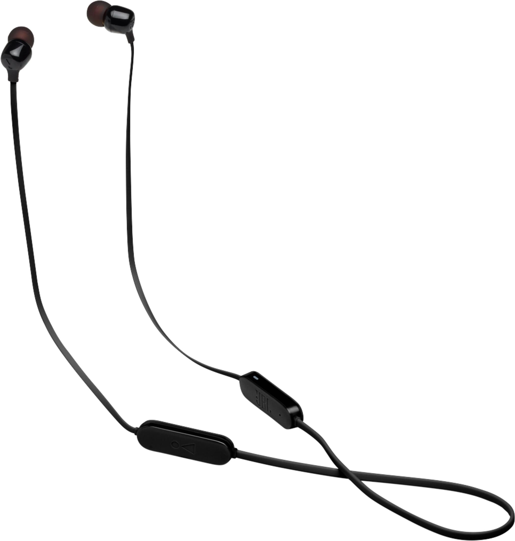 Auricolari neri con cavo e telecomando, su sfondo bianco.