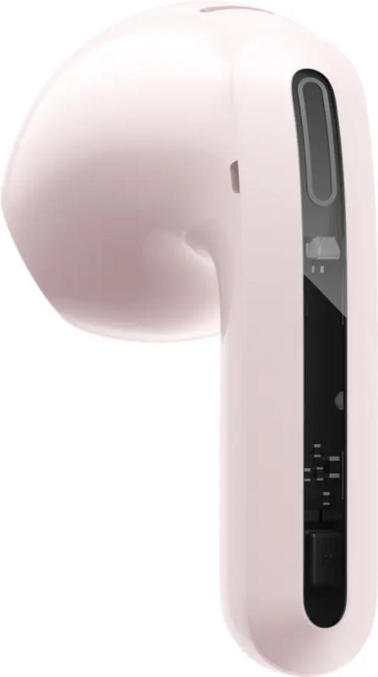 Een enkele roze oordop met een zwarte sleuf en zichtbare elektronische details.
