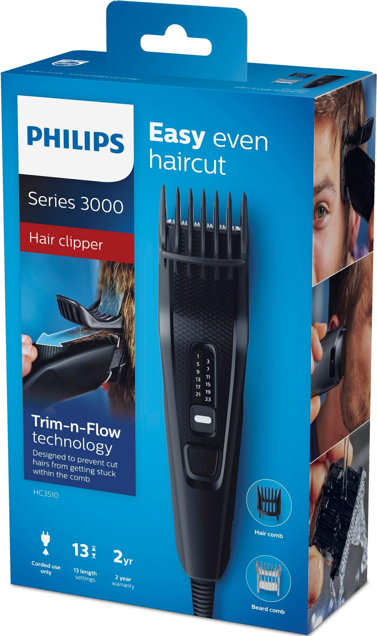 Confezione tagliacapelli Philips Serie 3000 con pettini e immagini d'uso.