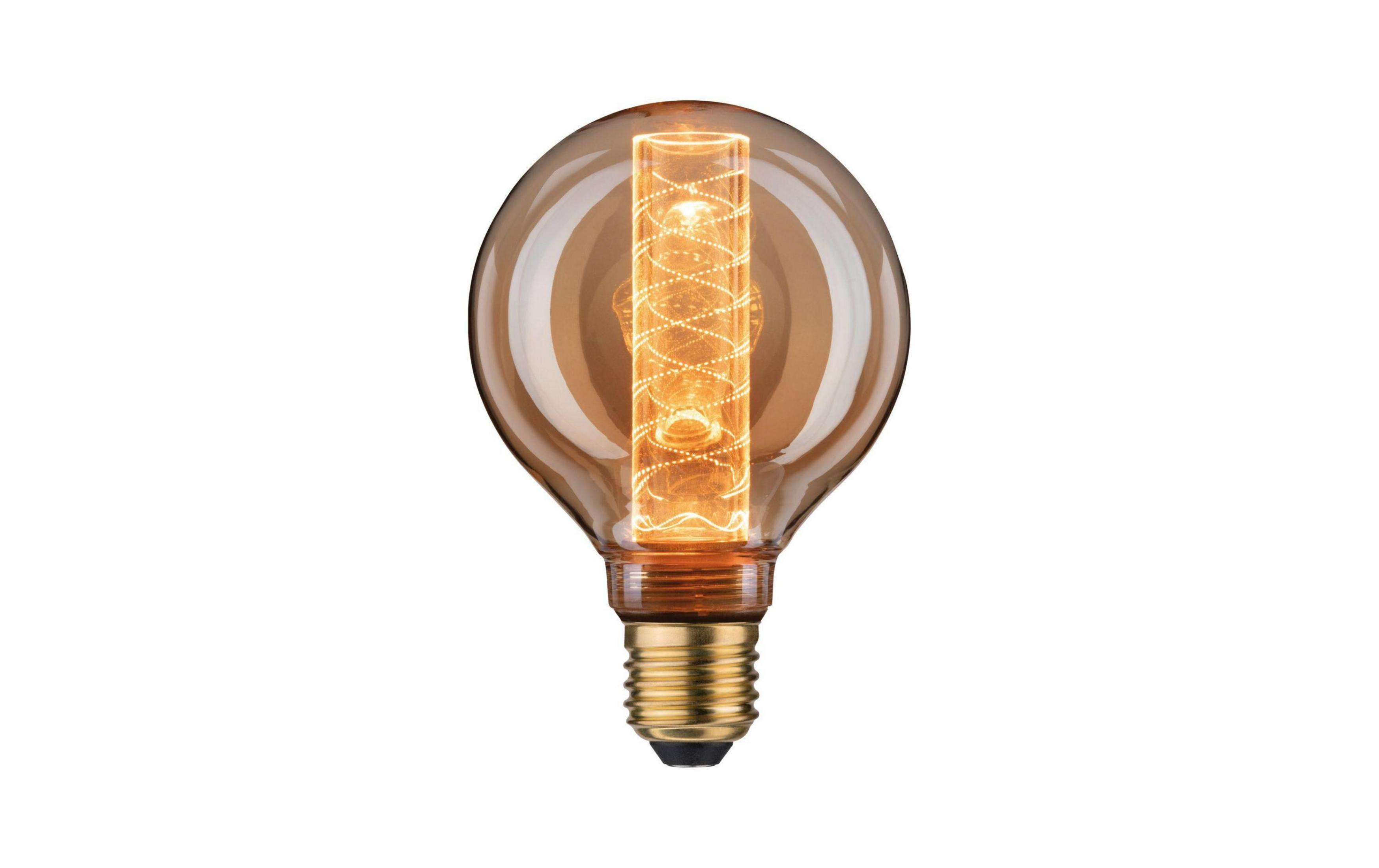 Żarówka z bursztynowym szkłem, widocznym żarnikiem i mosiężnym gwintem.